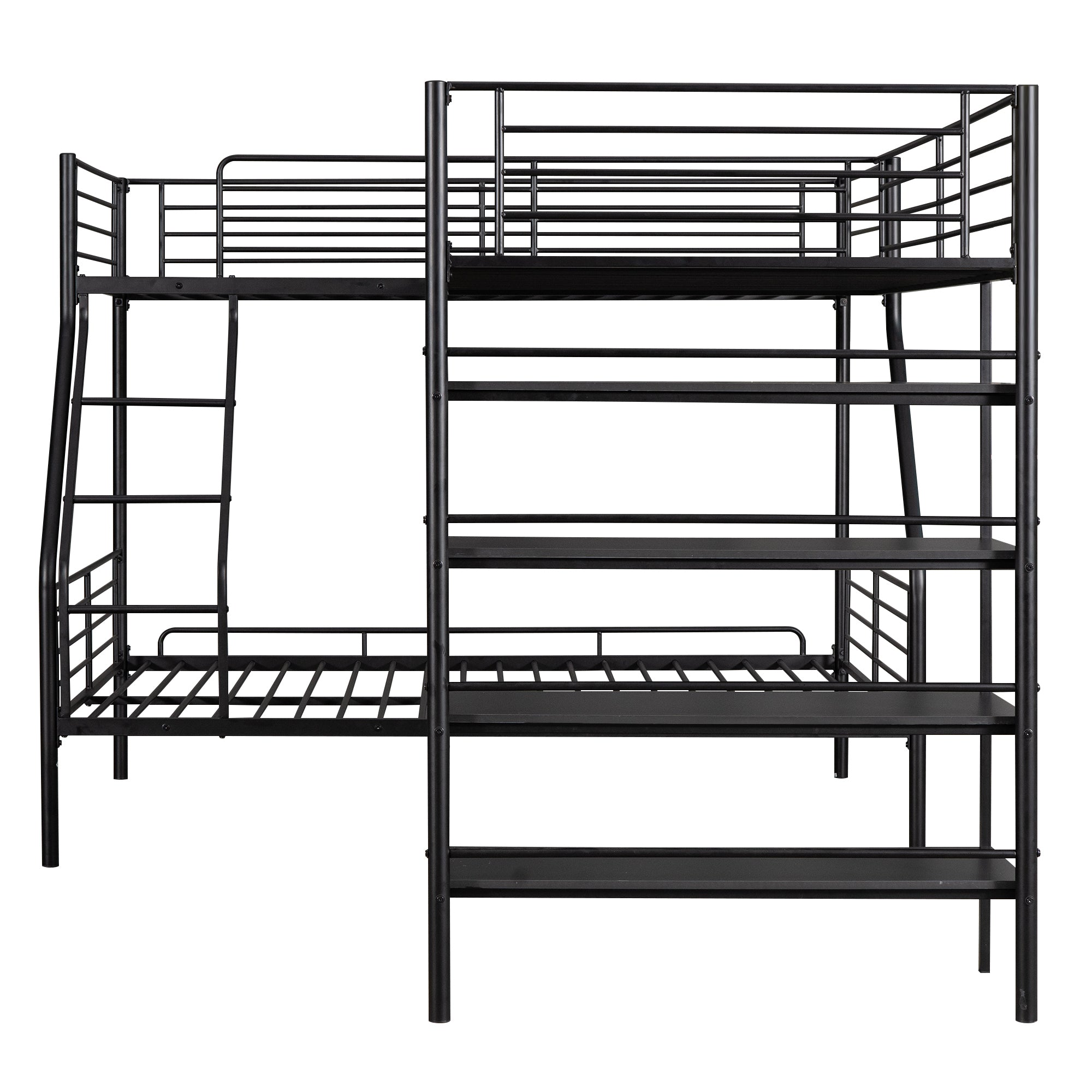 L-Shaped Metal Twin over Full Bunk Bed and Twin Size Loft Bed with Four Built-in Shelves,Black