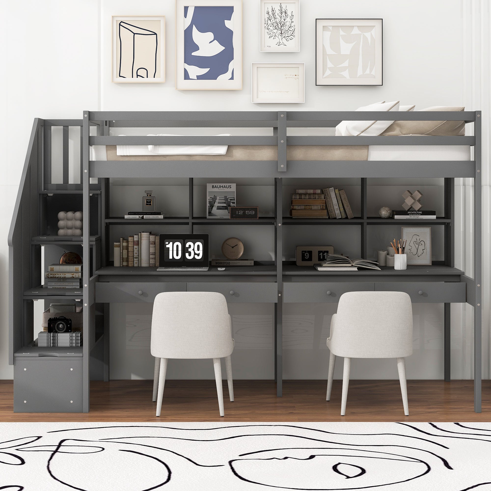 Twin Size Loft Bed Frame with Storage Staircase and Double Desks and Shelves,Gray