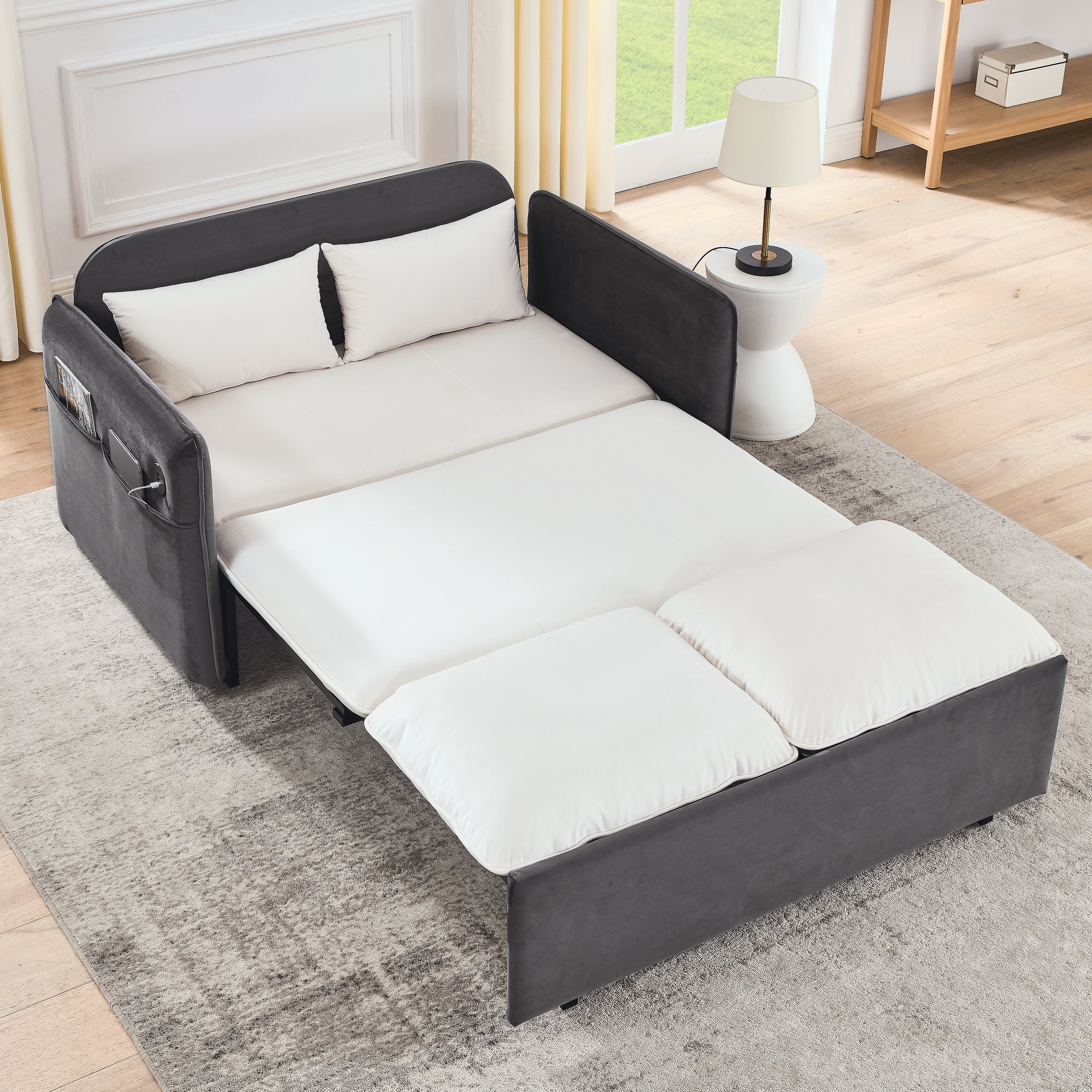 53" Modern Convertible Sofa Bed w/2 Removable Armrests w/USB Power Port, Velvet Recliner Adjustable Sofa w/Head Pull-Out Bed, 2 Pillows, For Living Room Apartment etc., White-Grey