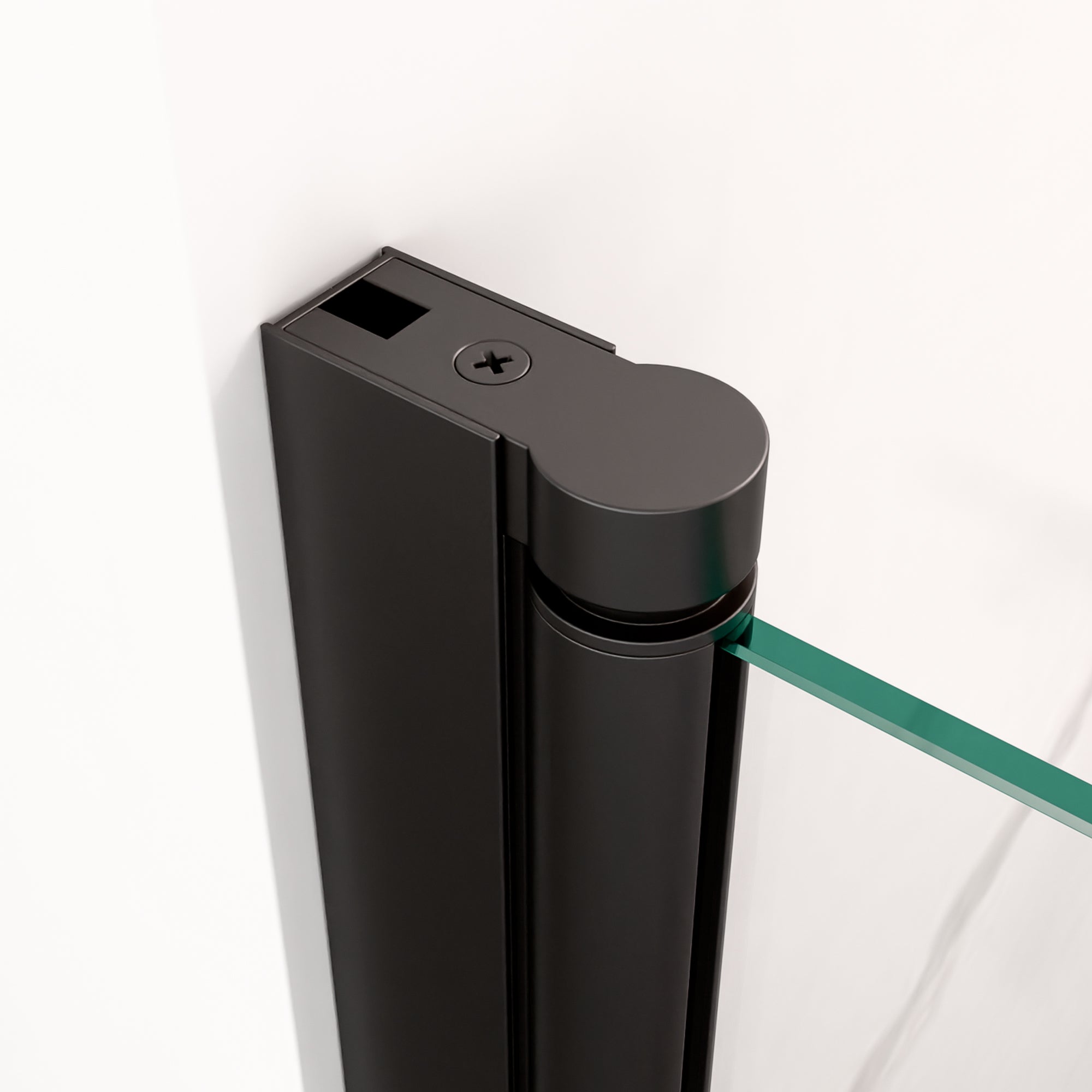 Frameless pivot shower door 32 in by 72 in matte black side profile view