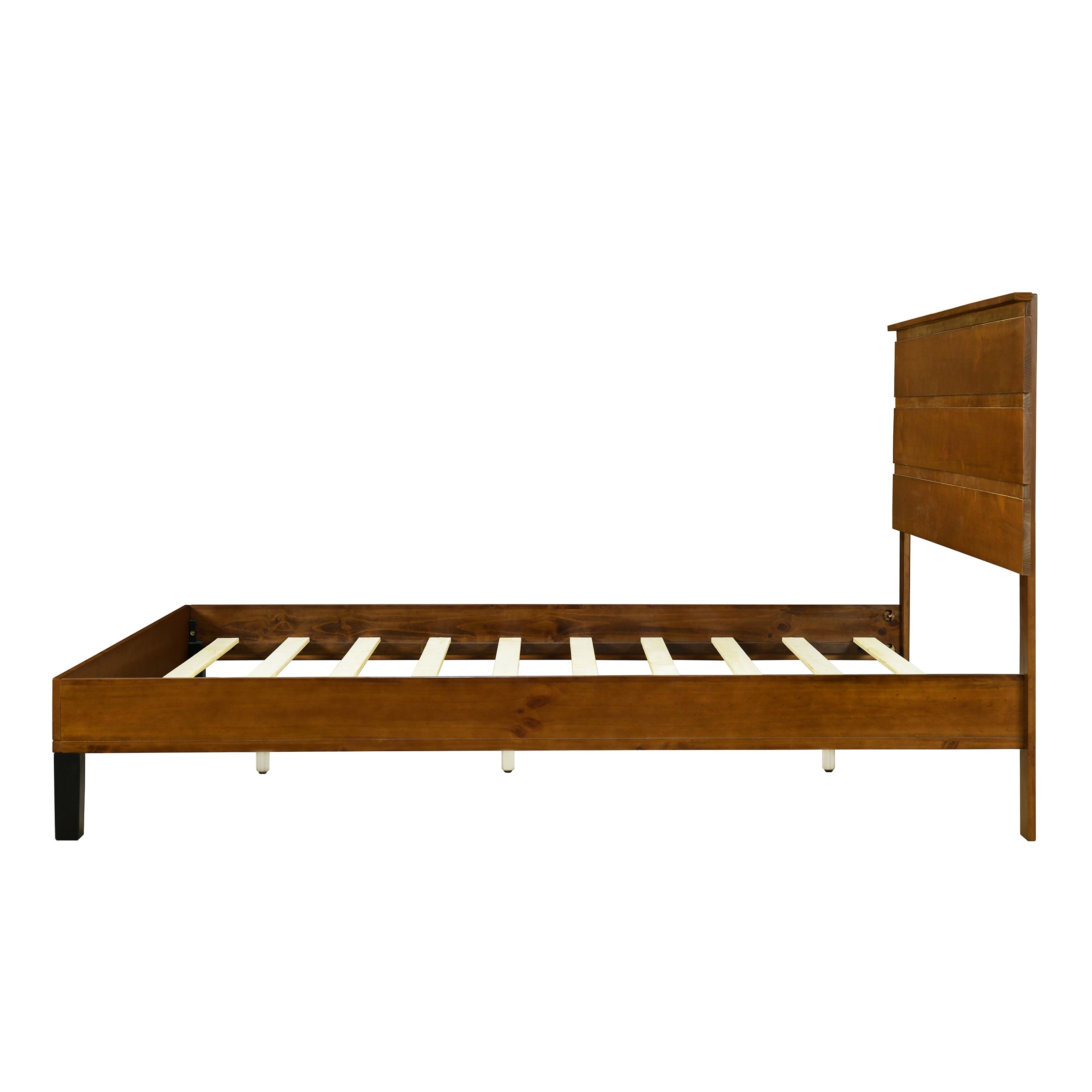 Mid-Century Modern Solid Wood Bed Frame Full Size Platform Bed with Three-Piece Headboard Design, No Box Spring Needed, Brown