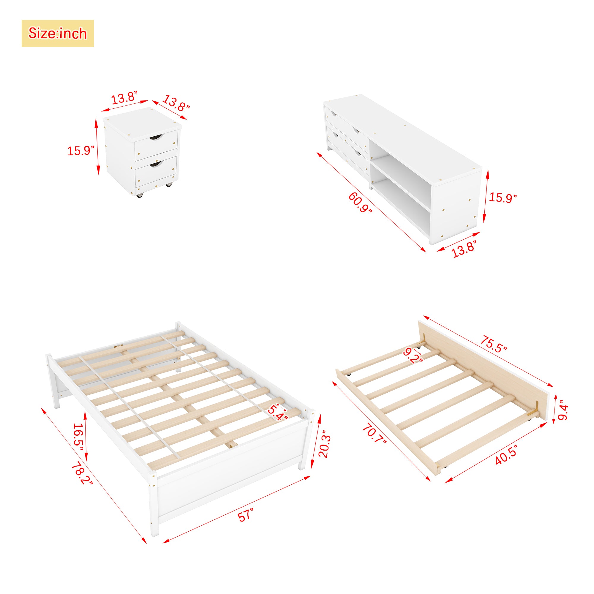 Full Size Storage Bed , Solid Wood Bed with Trundle, Under bed Storage Box of 2 Drawers, Shelves, and Nightstand ,White