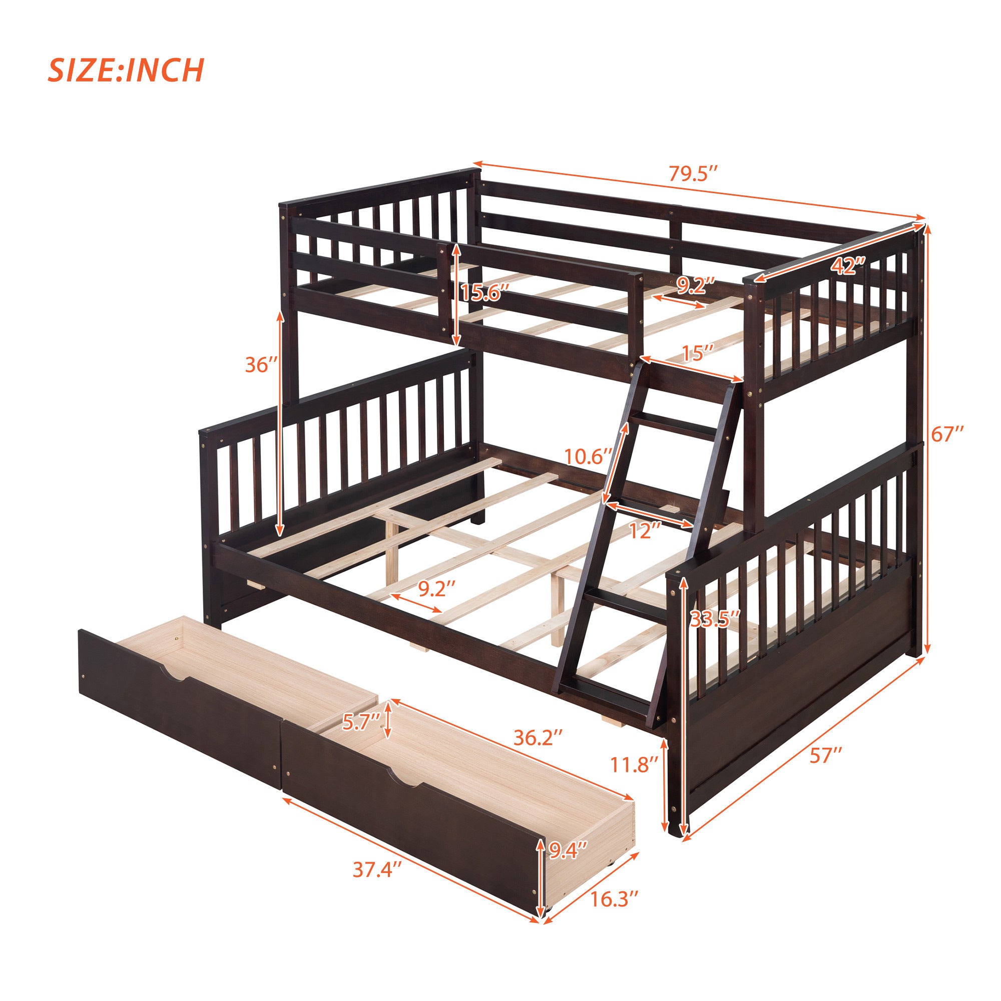 Twin-Over-Full Bunk Bed with Ladders and Two Storage Drawers(Espresso)(old sku:LT000165AAP)