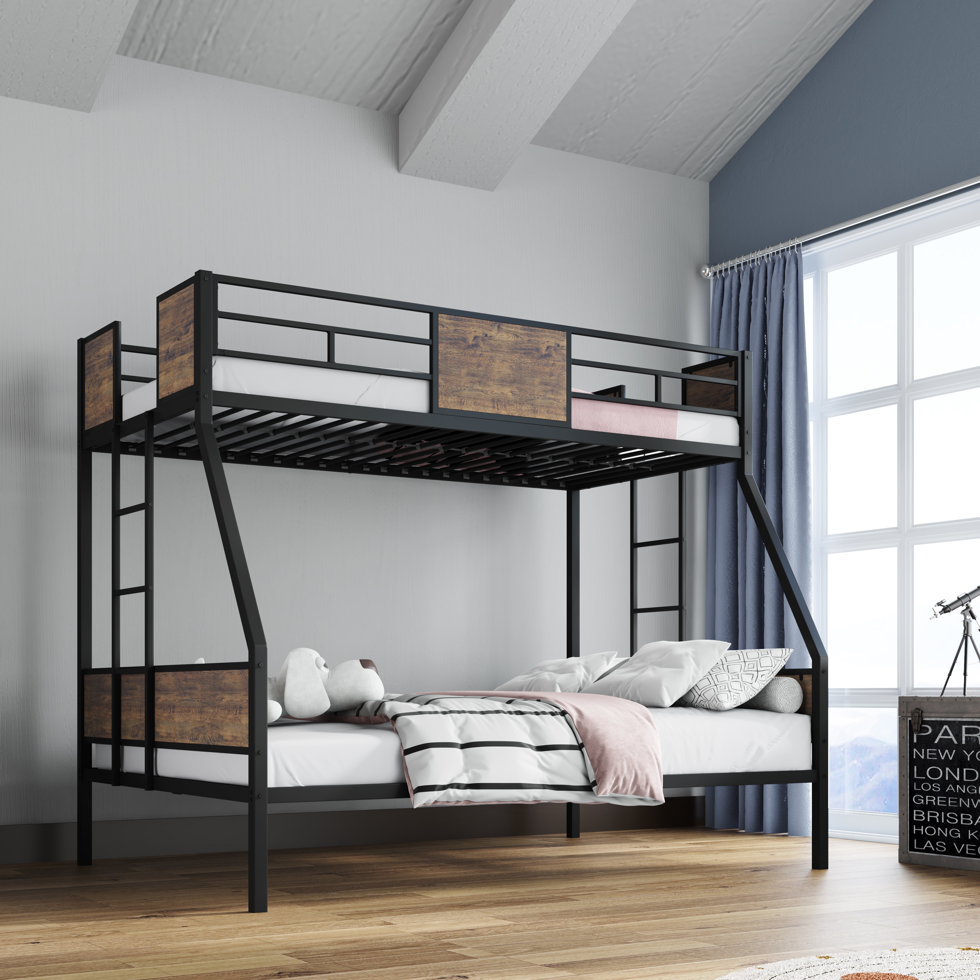 Metal twin over full bunk bed for kids, side profile in room setting