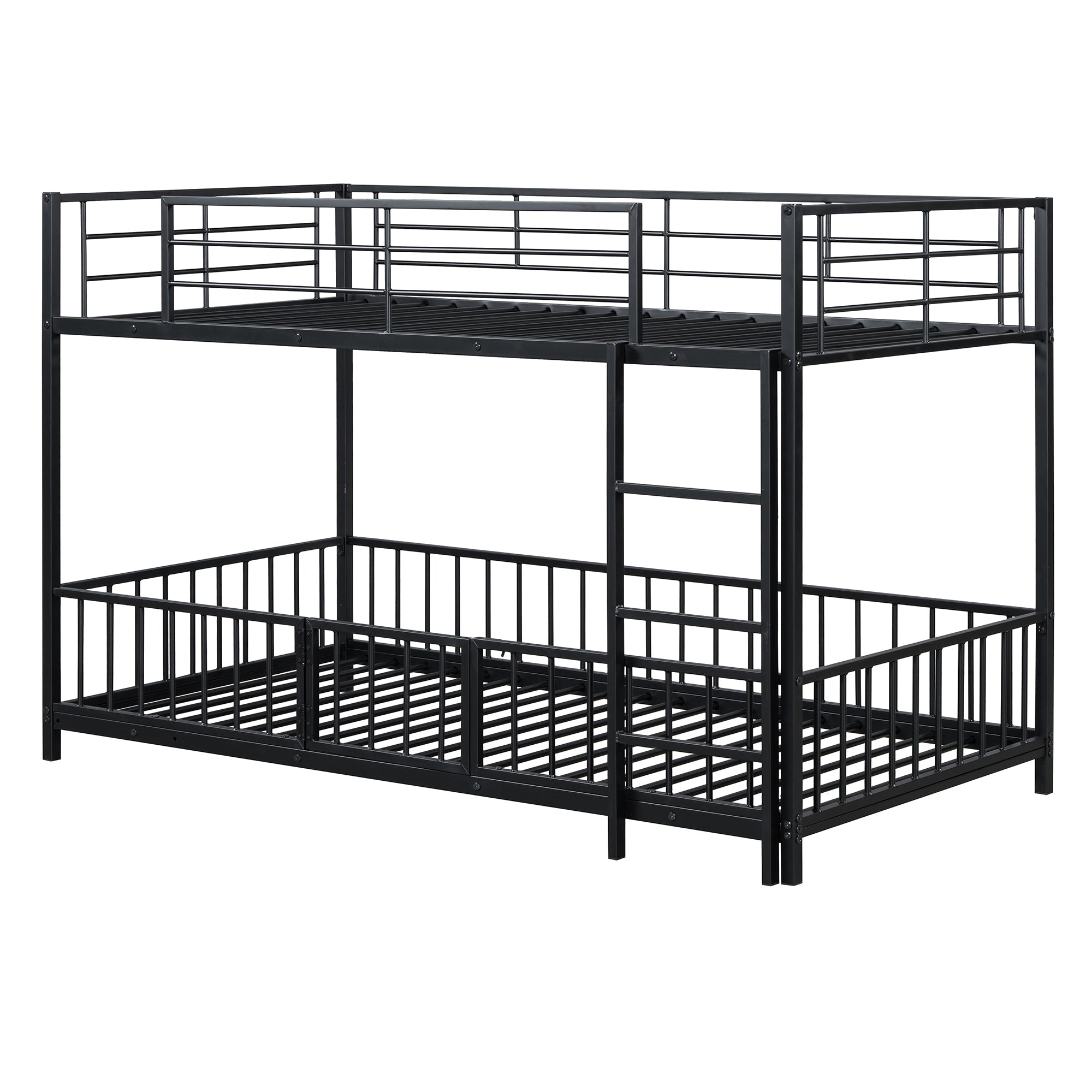 Twin over Twin Size Metal Bunk Bed with Slide and Guardrails, Black