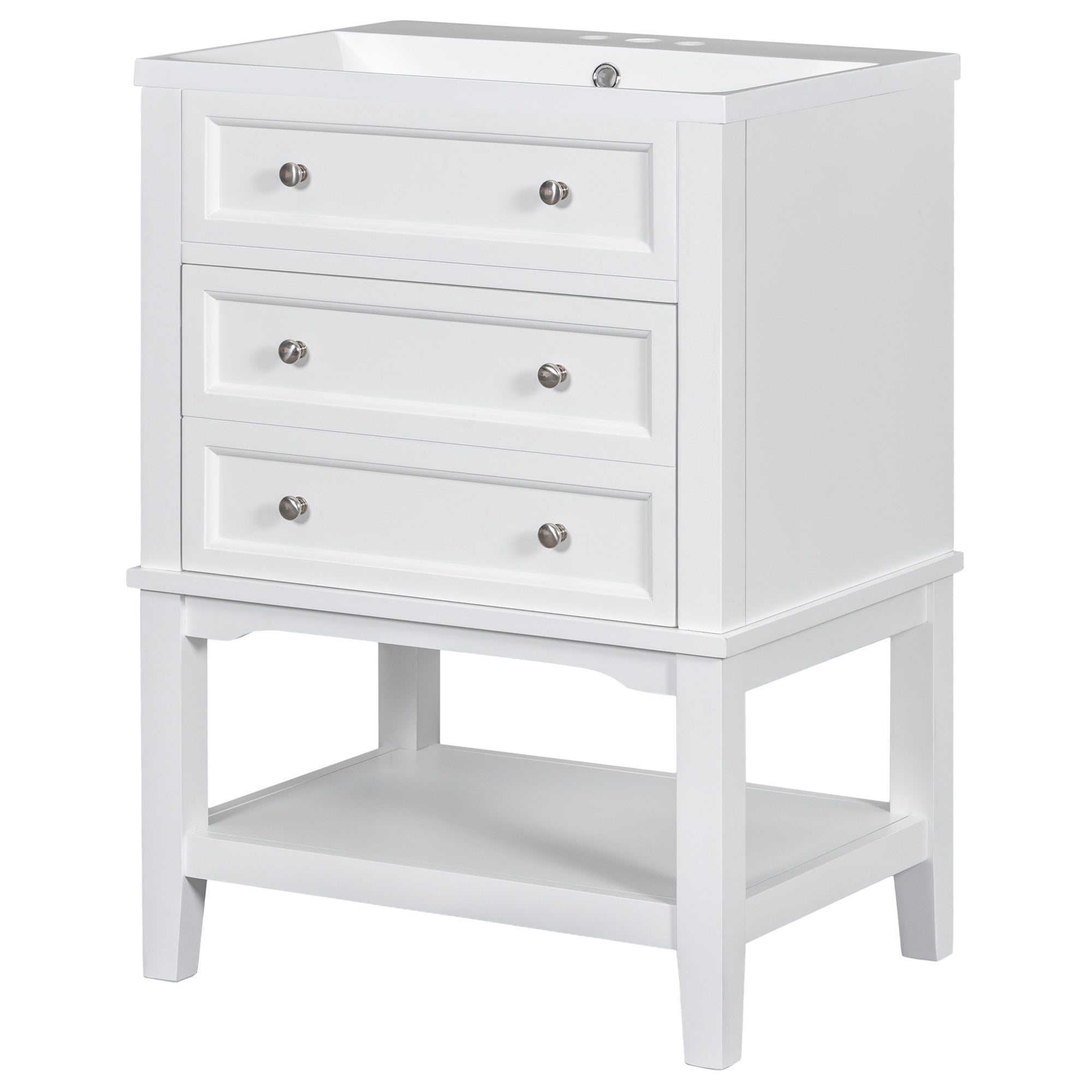 24" Bathroom Vanity With Sink, Bathroom Storage Cabinet with Drawer and Open Shelf, Solid Wood Frame, White