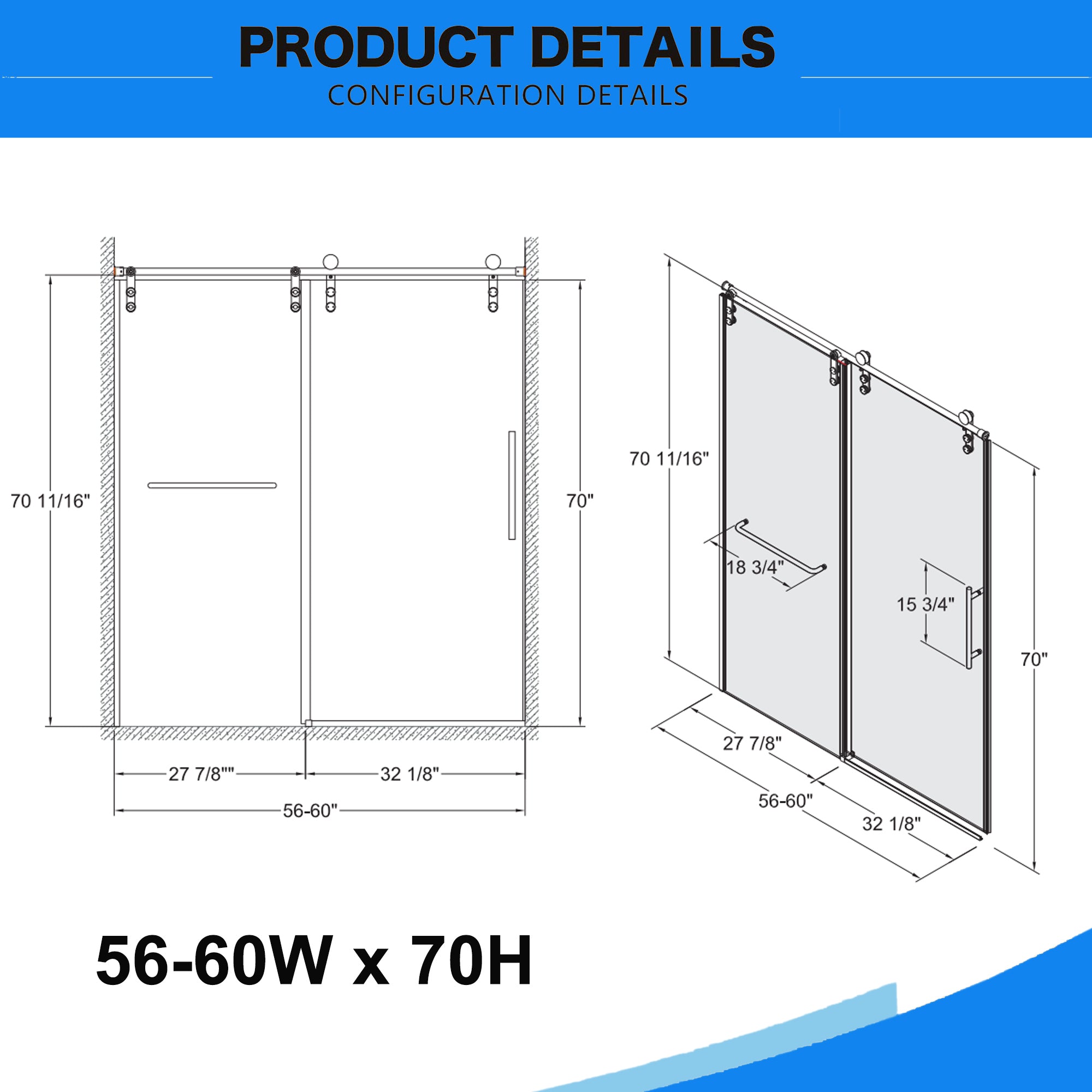 56"-60"W x 70"H Frameless Shower Door, Sliding Shower Door, Premium 5/16"(8mm) Thick Tempered Glass Shower Enclosure with Towel Bar ,Double Side Easy Clean Coat,Brushed Nickel Finished With Buffer