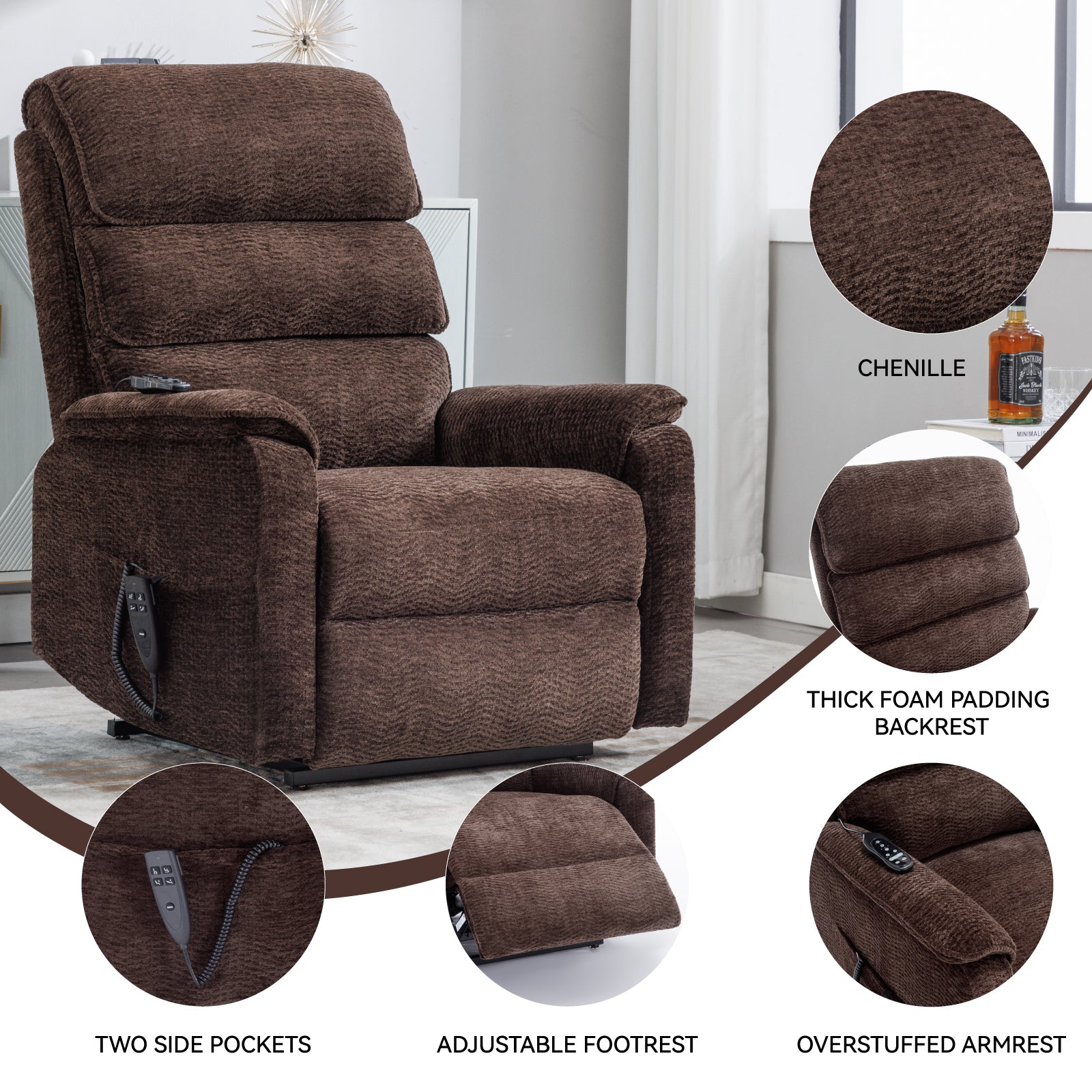 Brown Chenille Dual Motor Infinite Position Up to 350 LBS Power Lift Recliner Chair with Power-Remote, Heat Massage and Heavy Duty Motion Mechanism