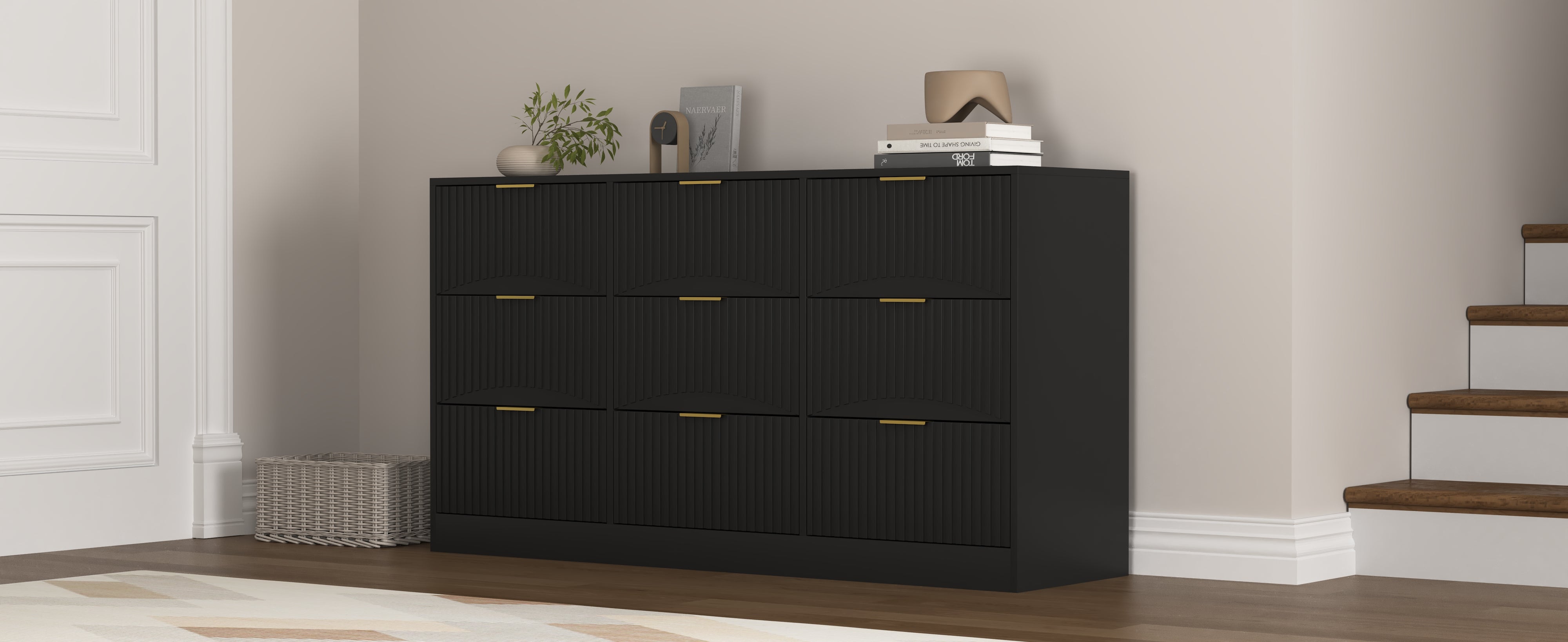 Black 9-drawer wooden dresser wavy panel chest of drawers side detail