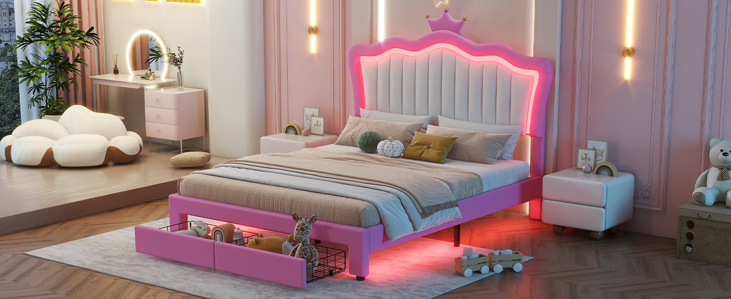 Full Size Upholstered Bed Frame with LED Lights, Modern Upholstered Princess Bed with Crown Headboard, 2 Drawers, Pink+White