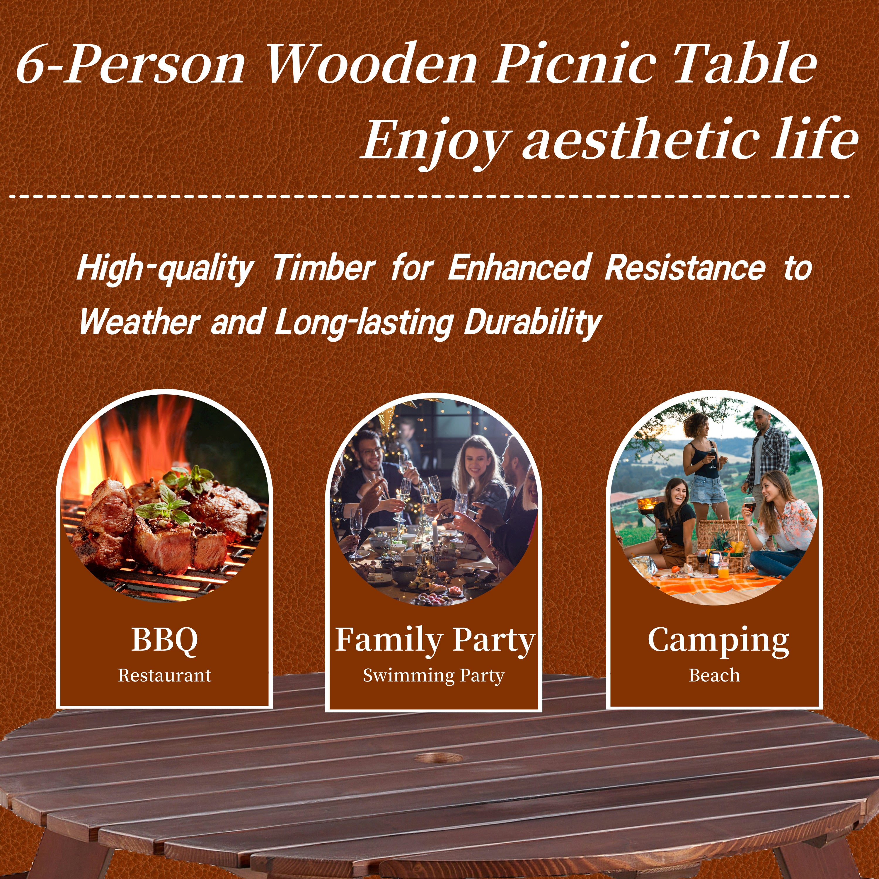 Outdoor 6 Person Picnic Table, 6 person Round Picnic Table with 3 Built-in Benches, Umbrella Hole, Outside Table and Bench Set for Garden, Backyard, Porch, Patio, Brown