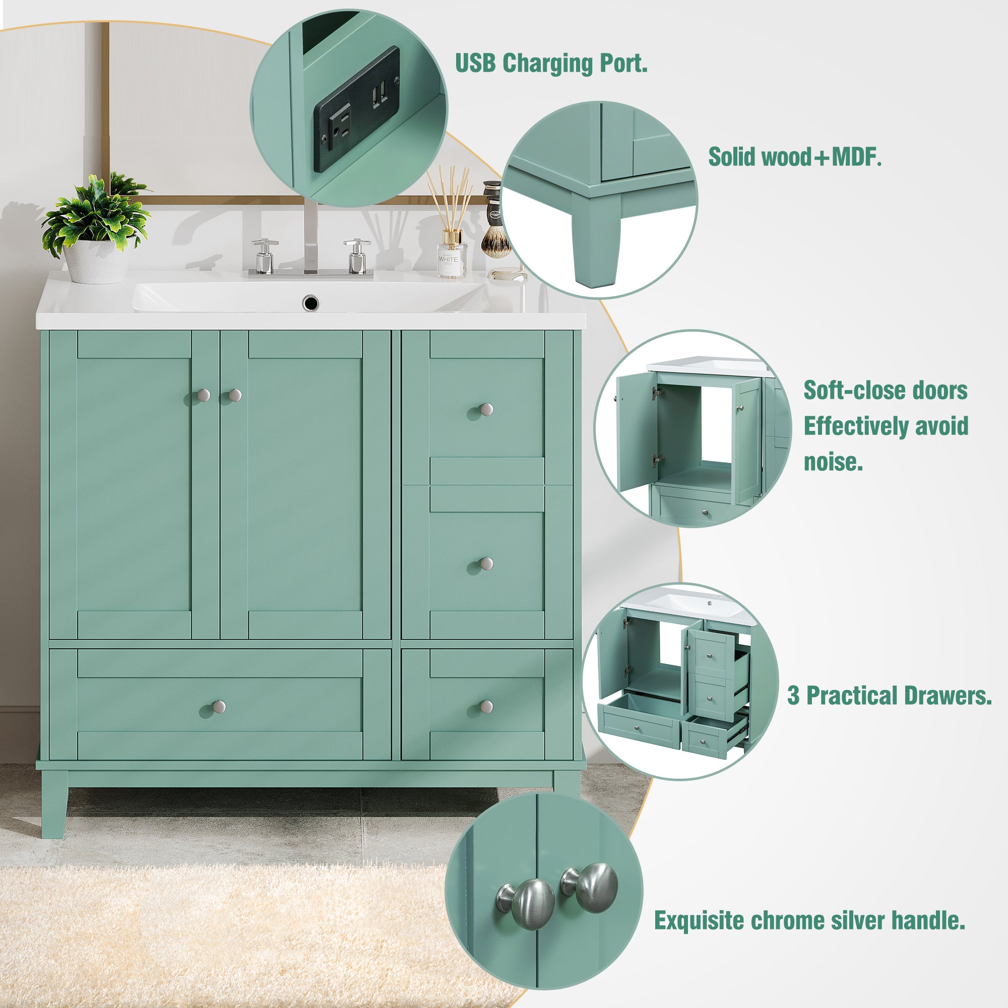 36 Inch Modern Bathroom Vanity with USB Charging, Two Doors and Three Drawers Bathroom Storage Vanity Cabinet, Small Bathroom Vanity cabinet with single sink , Green - Faucets Not Included