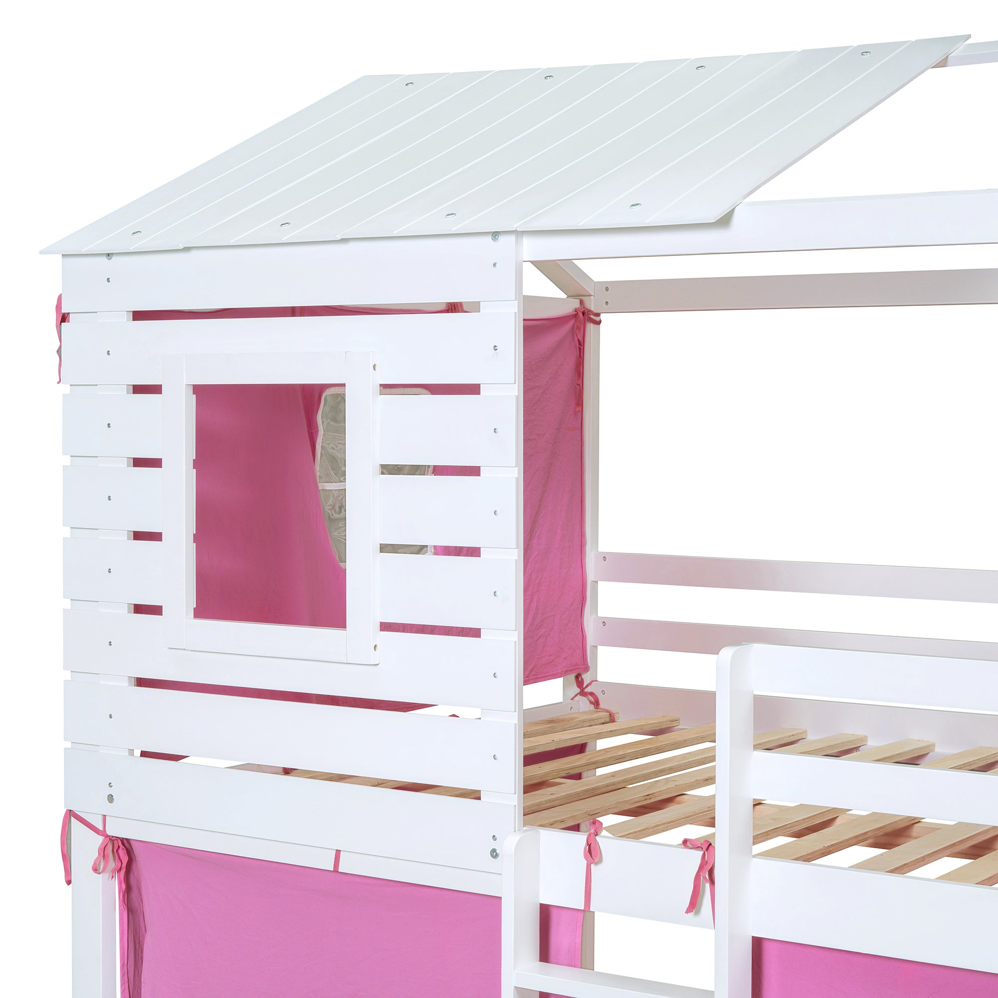 Full Size Bunk Wood House Bed with Tent, Pink+White