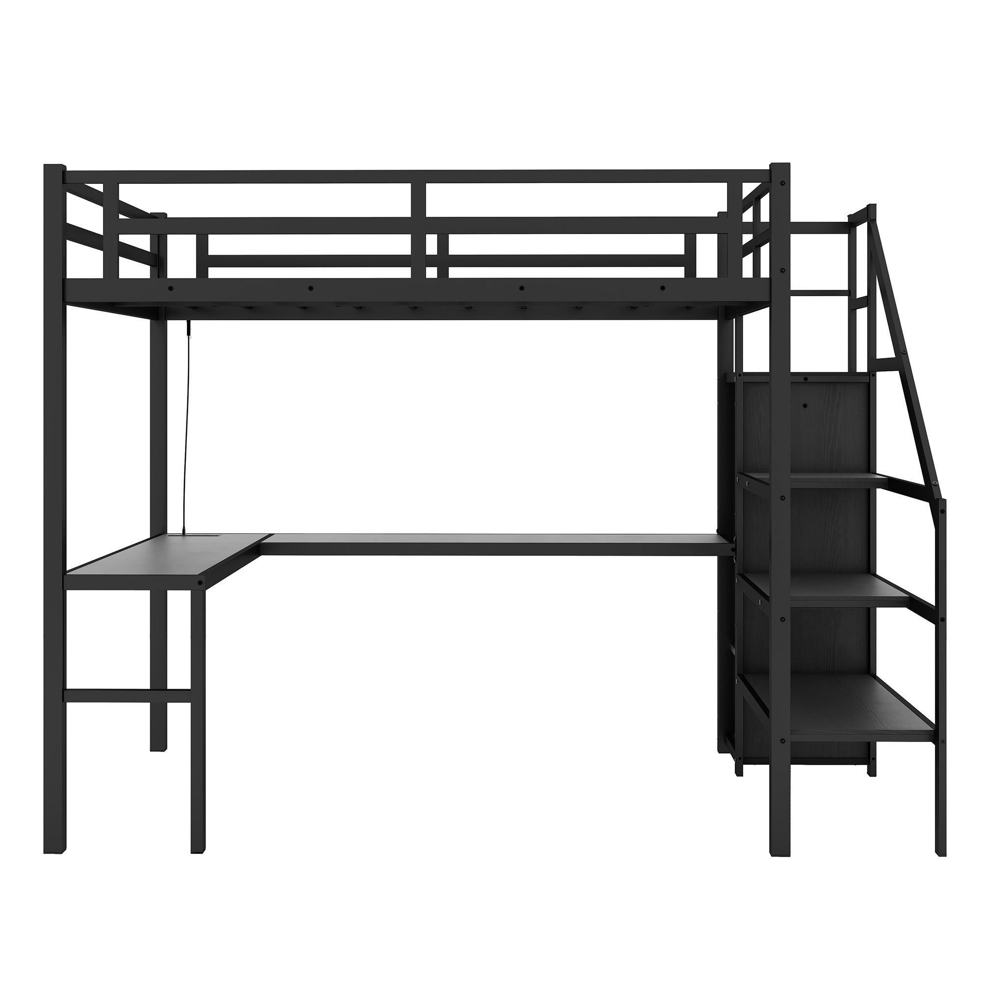 Full XL Size Loft Bed with L-shaped Desk and USB, Metal Loft Bed with Wardrobe and Adjustable Shelf, High Loft Bed with LED for Kids Teens Adults, Black(Expect Arrive 2024/10/10)