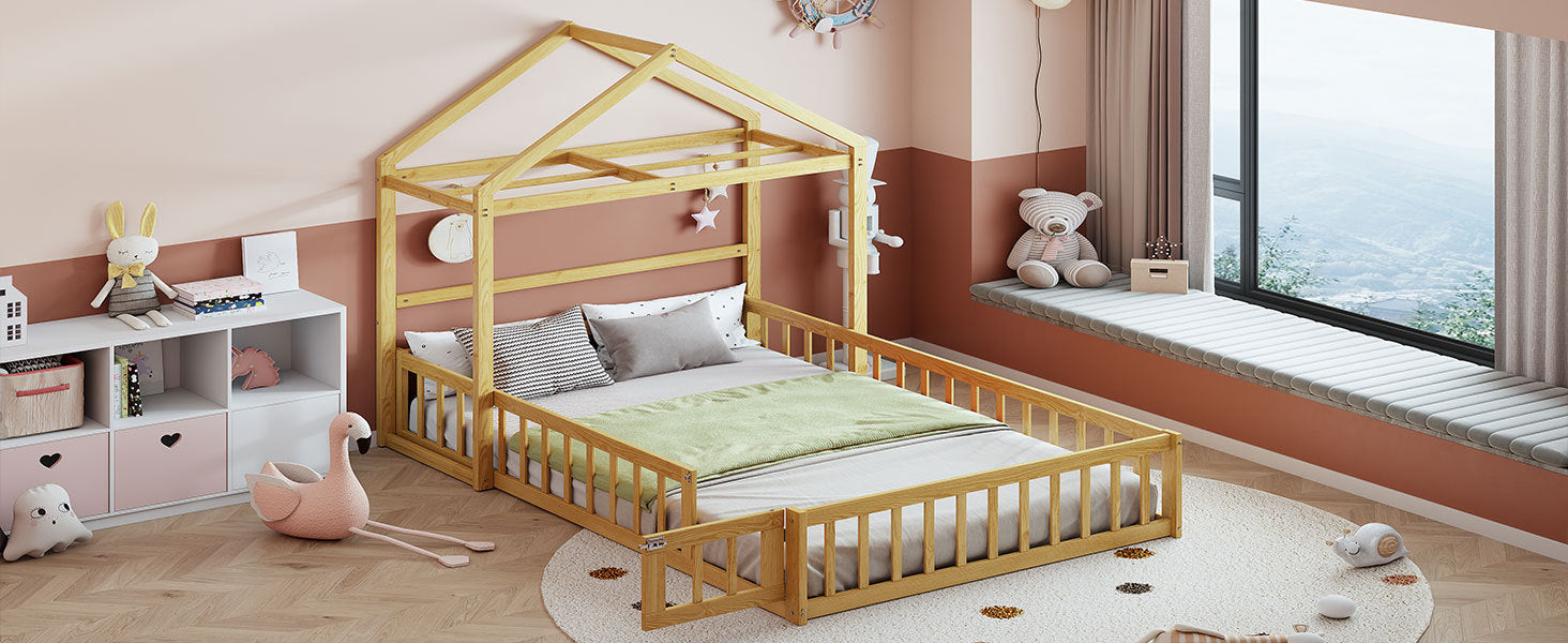 Wooden Floor Bed with Fence Railings and Detachable House Shape Headboard,Full Size Bed with Kids Dress Up Rack, Kids Montessori Style Playhouse Frame for Girls Boys, Natural