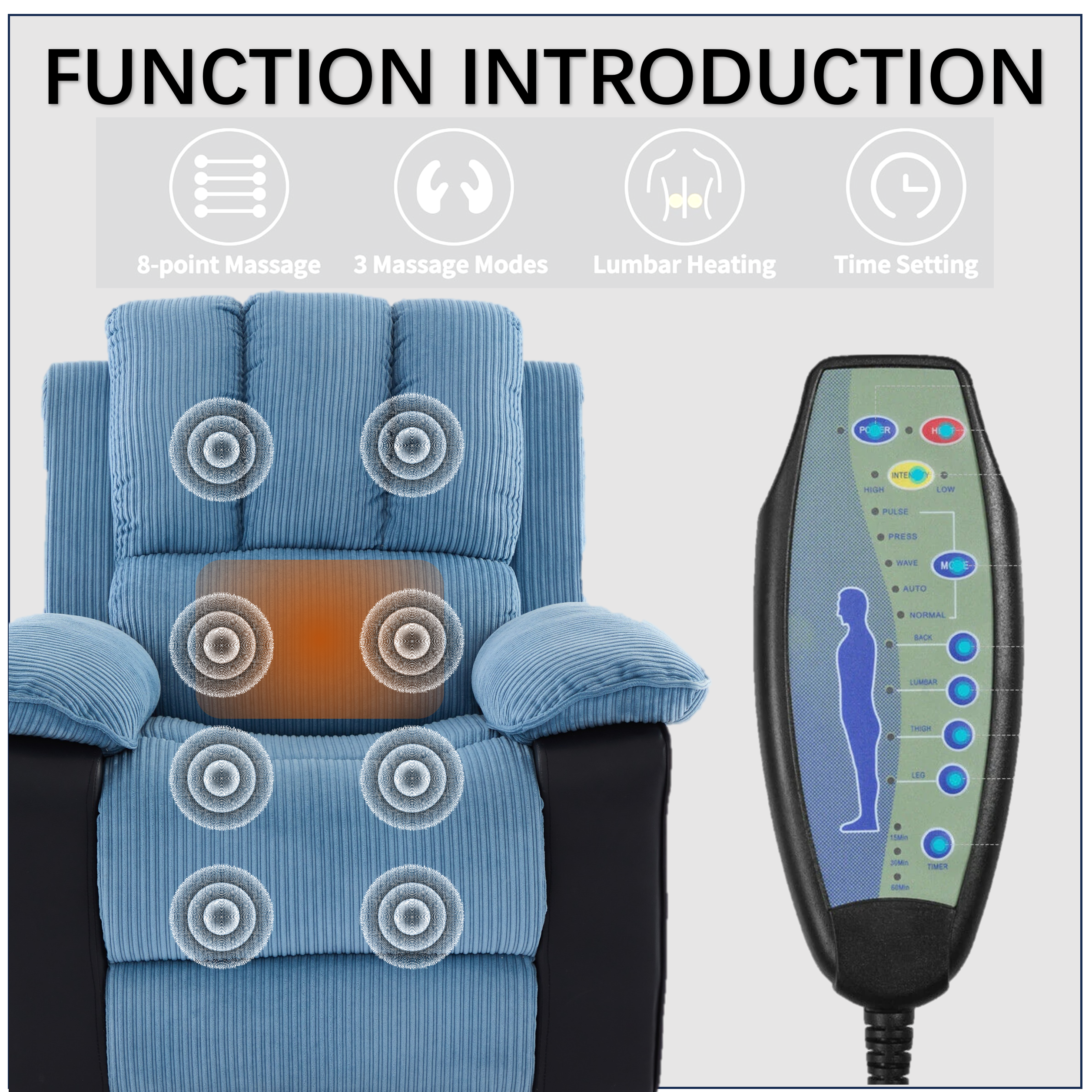 Recliner chair with Heat and Vibrating Massage, Comfy Padded Overstuffed Soft Fabric Heated Recliner (Blue and Black)