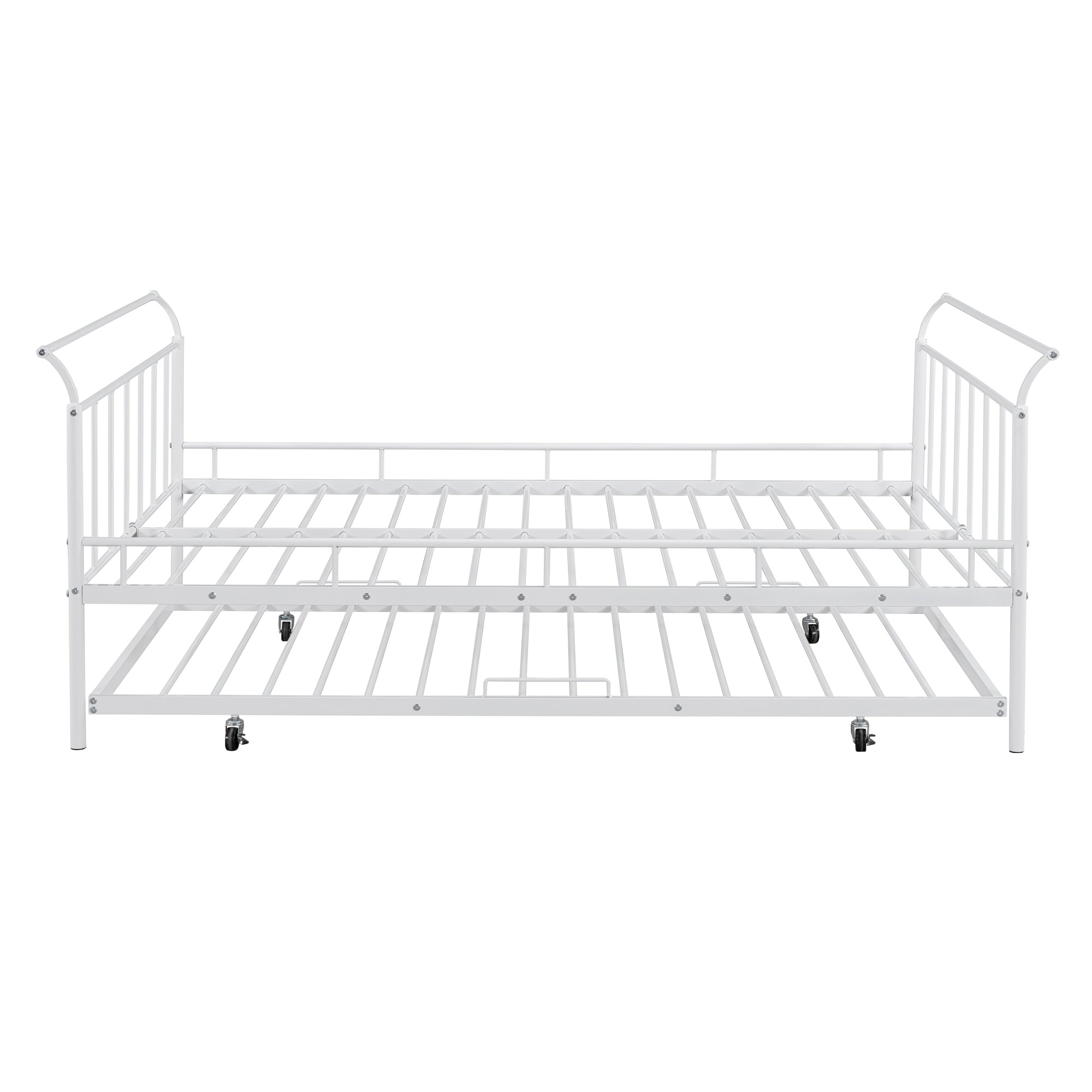 Full Size Metal Daybed with Curved Handle Design and Twin Size Trundle, White