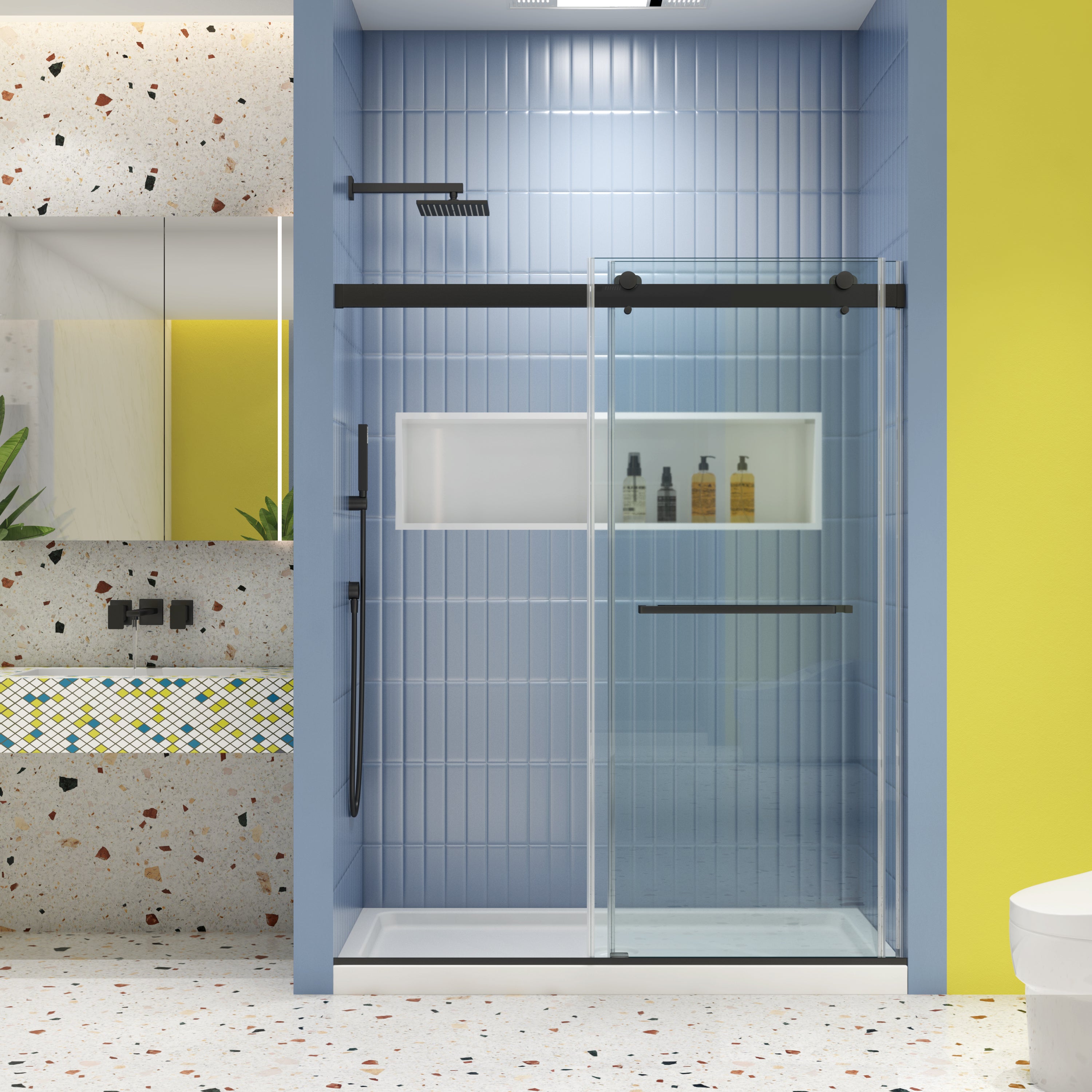 Soft-close sliding shower door installed in bathroom