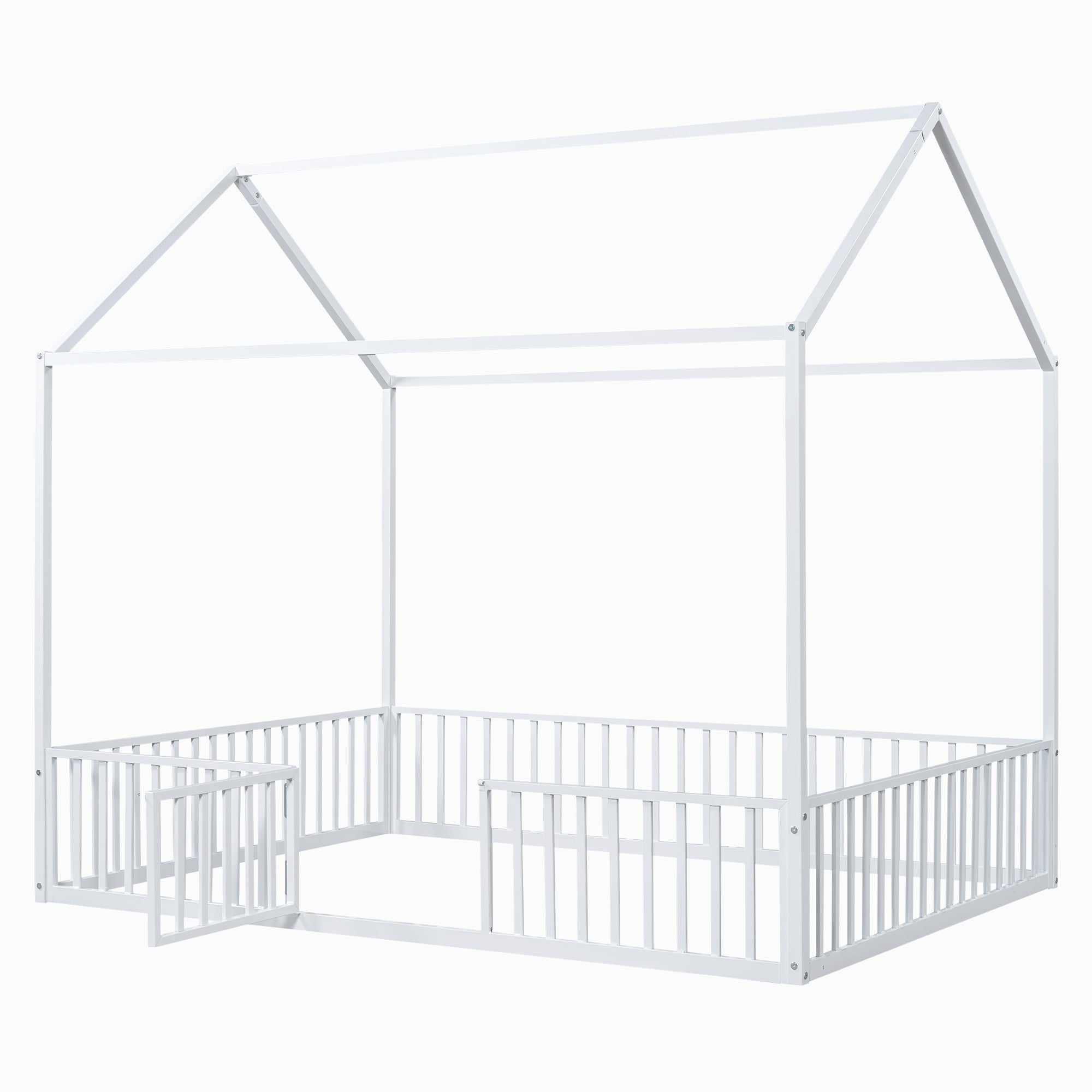 Full Size Metal House Bed with Fence and Door, White