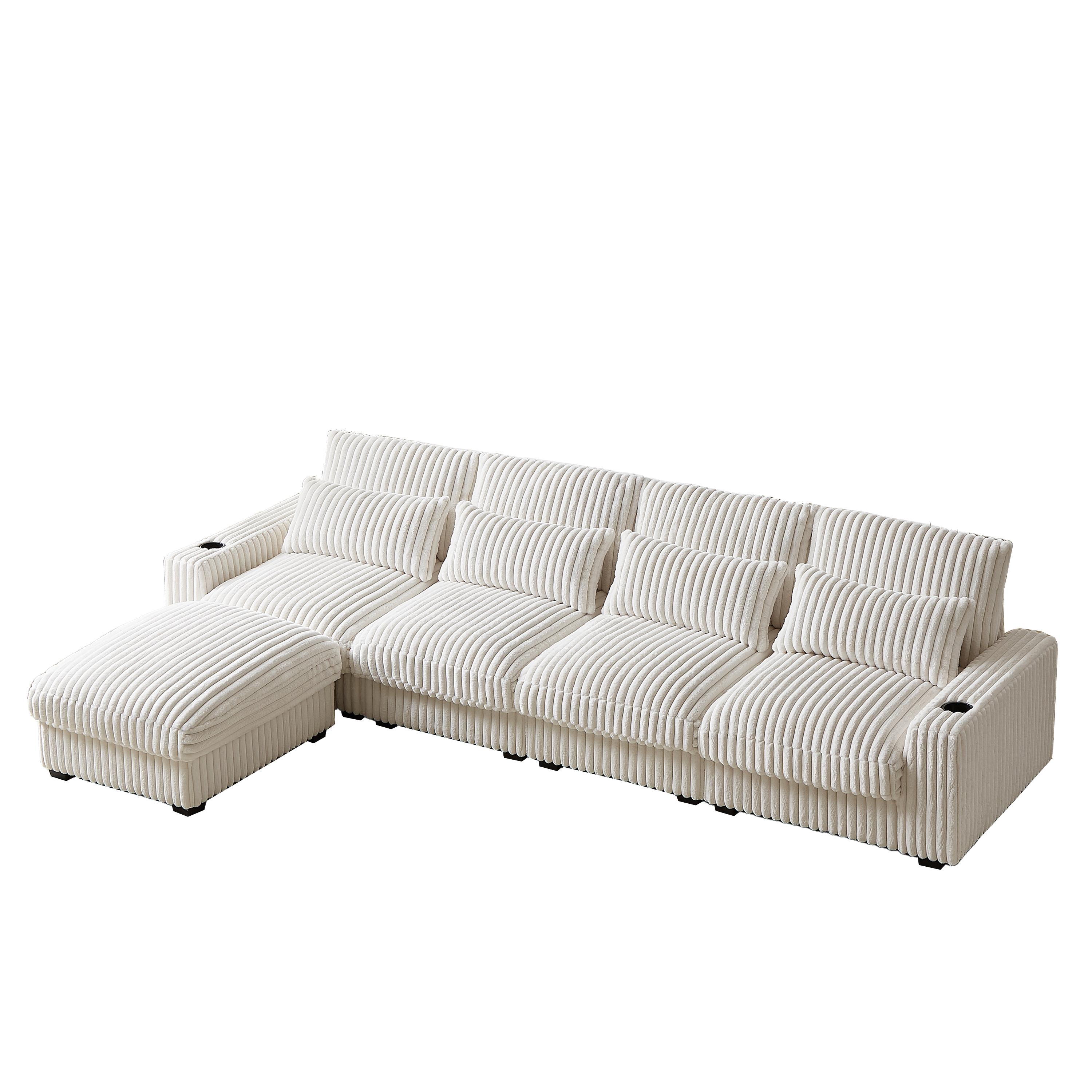 126-inch Corduroy With Cup Holder Super Large L-Shaped Sofa, Movable Footrest, Four Waist Pillows And Four Back Cushion, With USB Port And Type-C Port