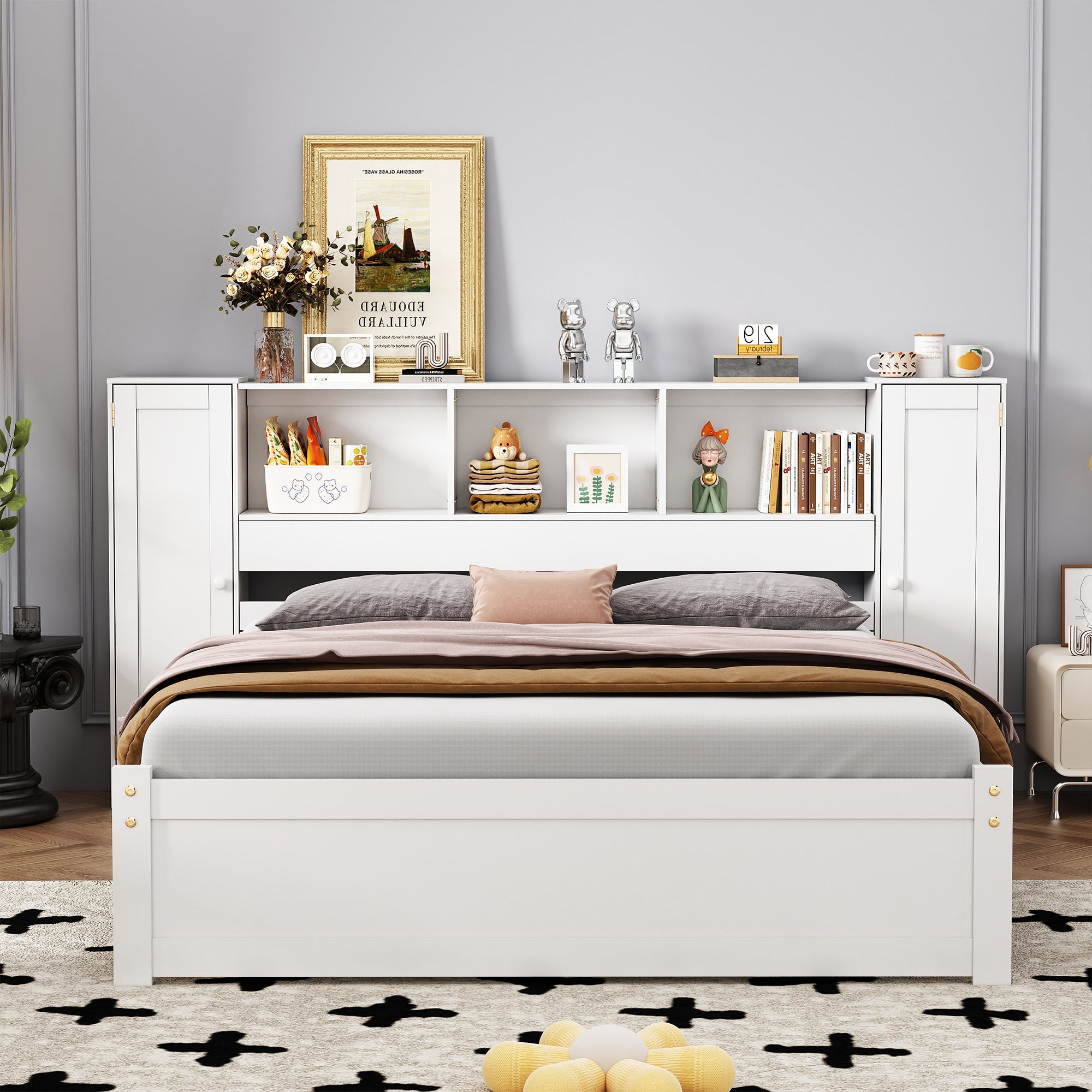 Full Size Platform Bed with Storage Headboard and Lockers, White