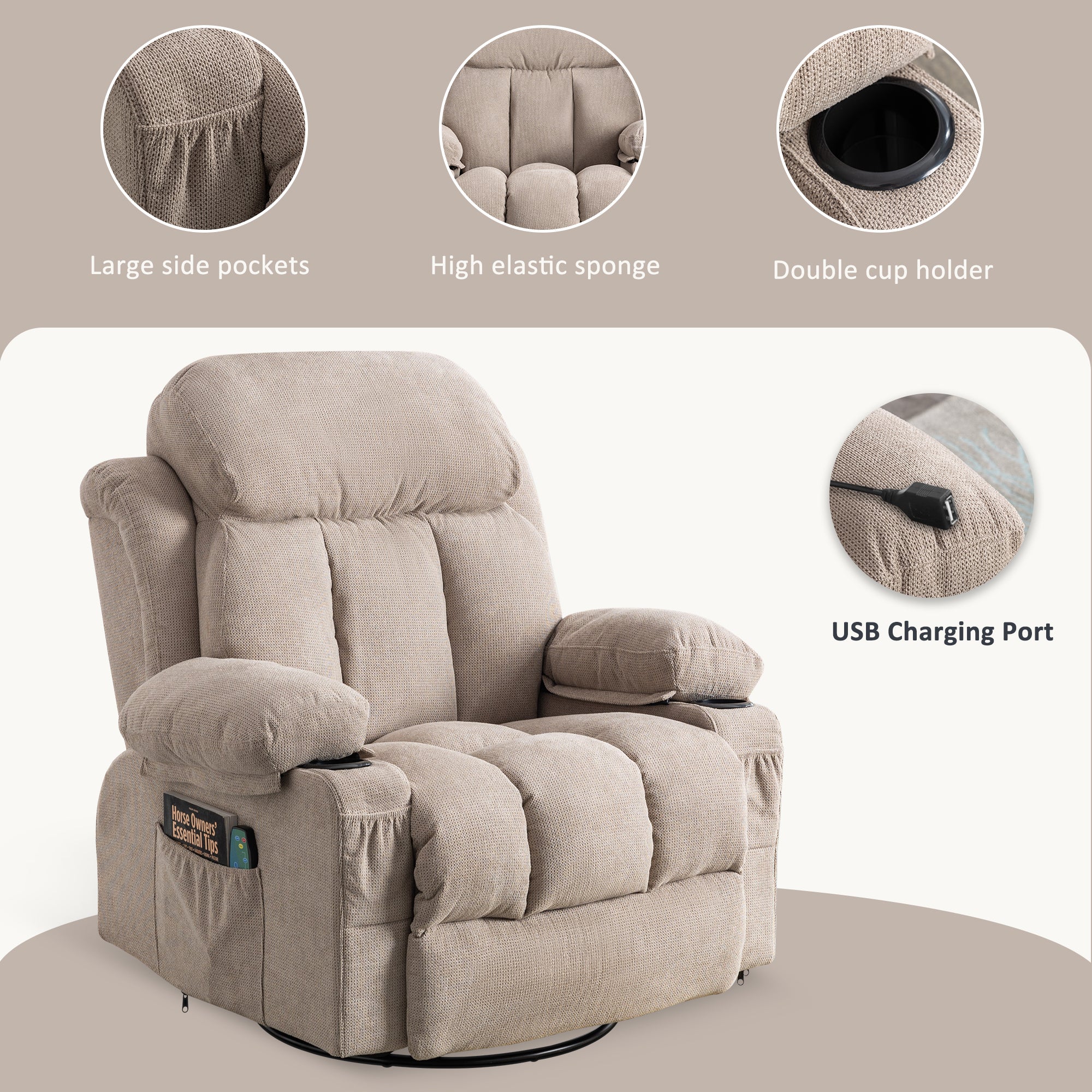 Vanbow.Swinging recliner massage heated sofa, with USB and 2 cup holders in side pockets, PackageA and B (Beige  fabric)