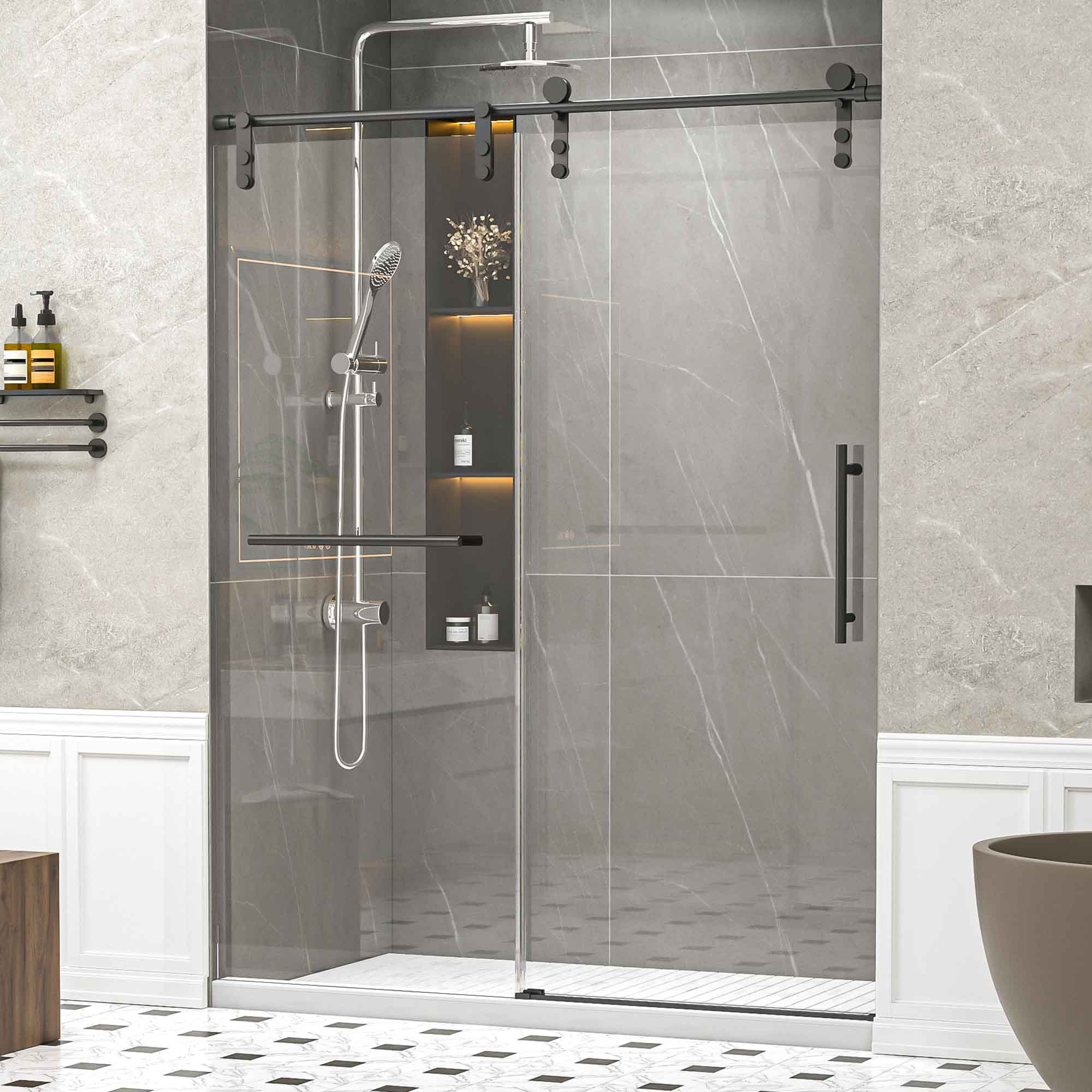 56-60 x 76 in Frameless Single Sliding Shower Door with Towel Rail - 56-60 x 76 in / Matte Black / Without Soft-Close view 1