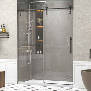 56-60 x 76 in Frameless Single Sliding Shower Door with Towel Rail - 56-60 x 76 in / Matte Black / Without Soft-Close view 1