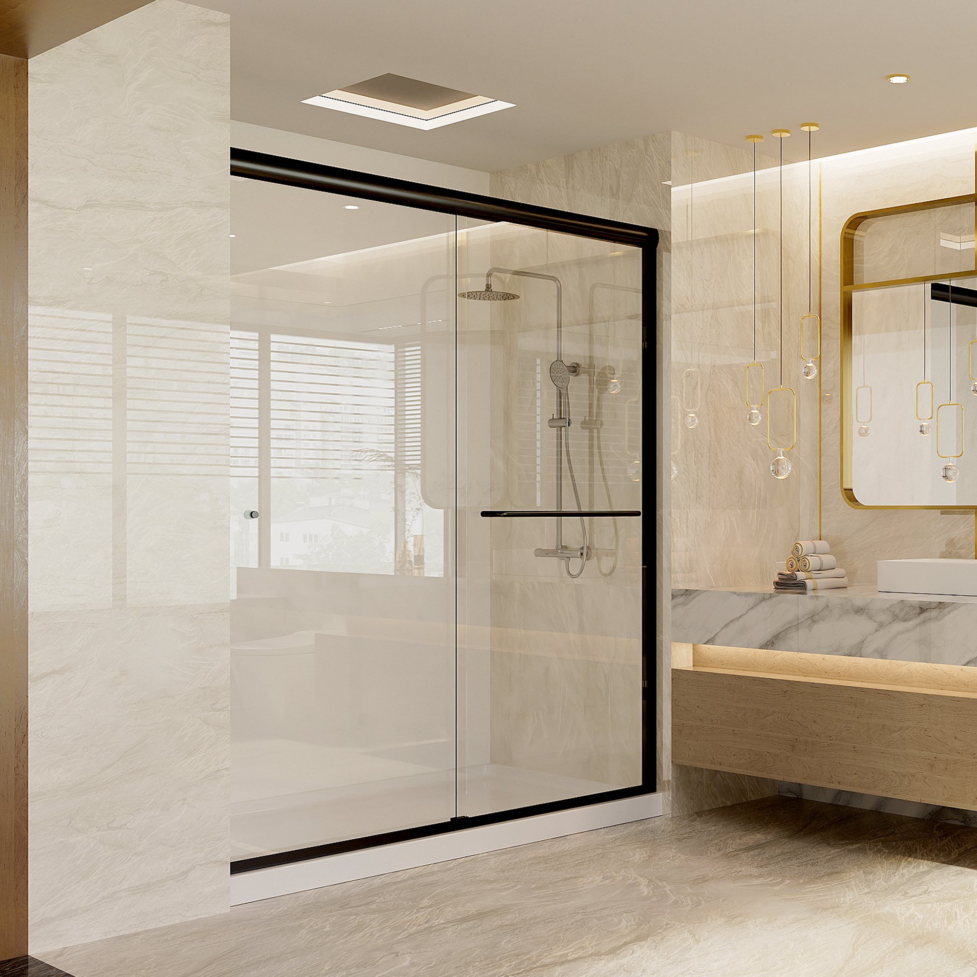 55-59" W × 72"H Double Sliding Semi-Frameless Shower Door With 1/4 inches (6mm) Clear Tempered Glass, Matte Black Finish