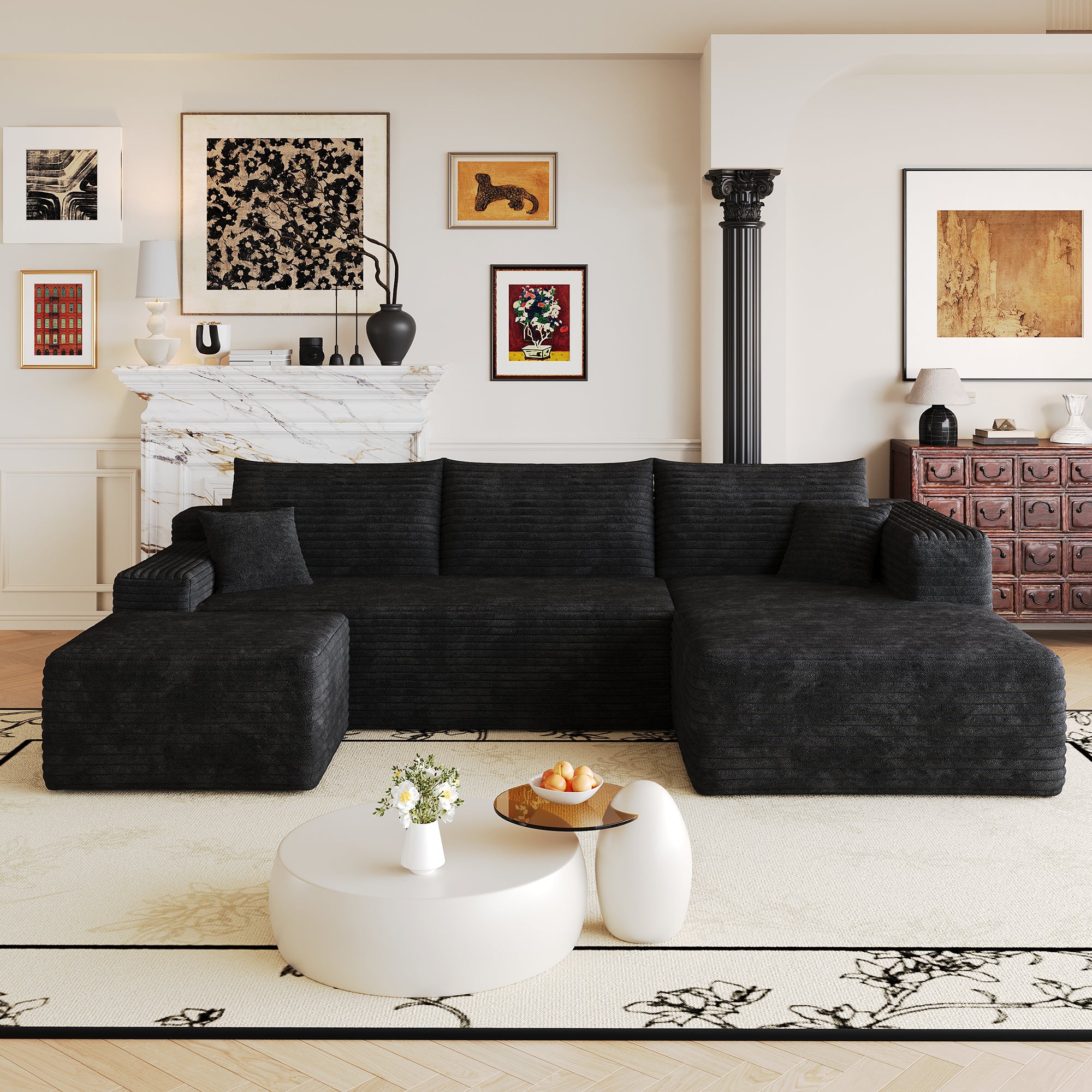 Black plush corduroy corner couch, deep seat detail view