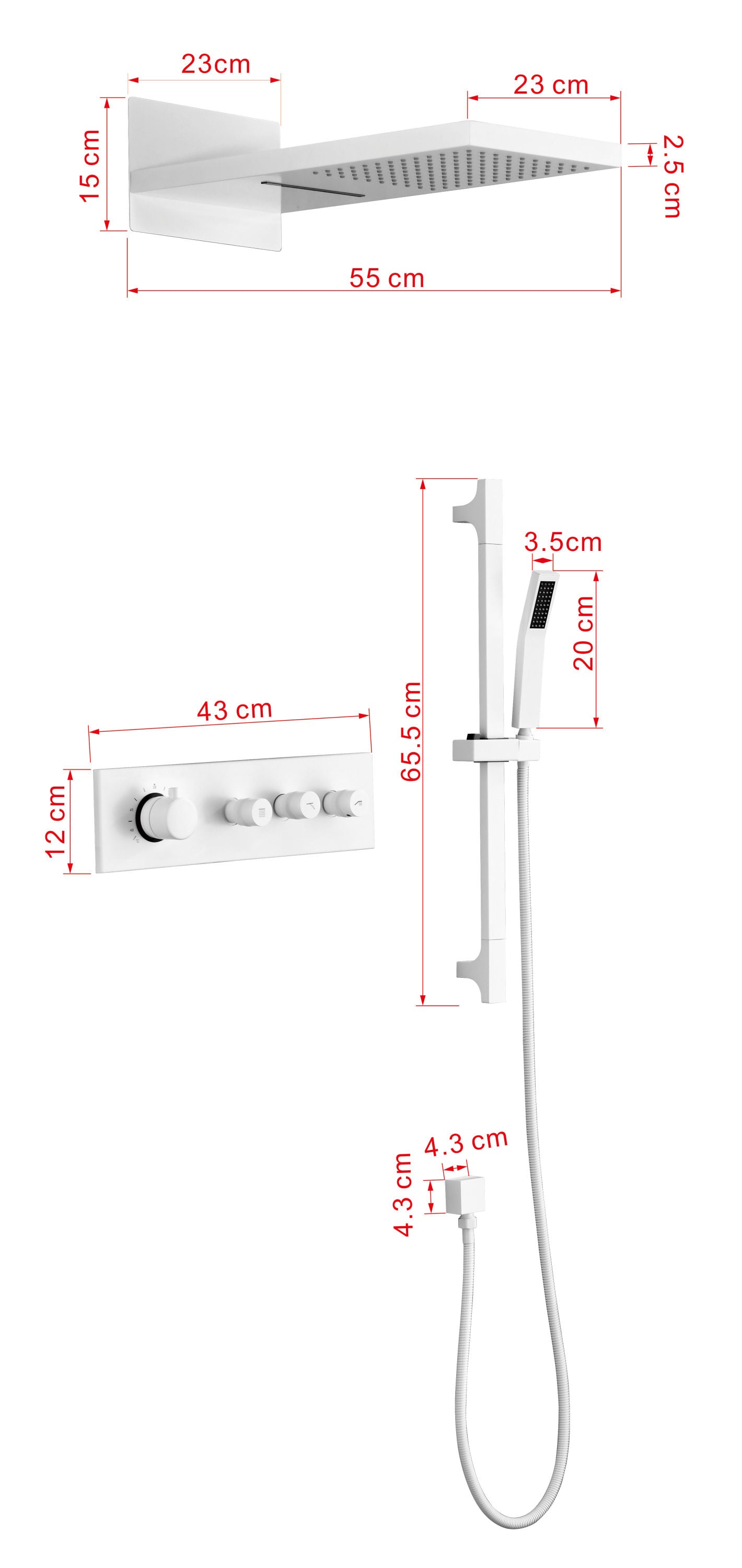 Wall Mounted Waterfall Rain Shower System With 3 Body Sprays & Handheld Shower