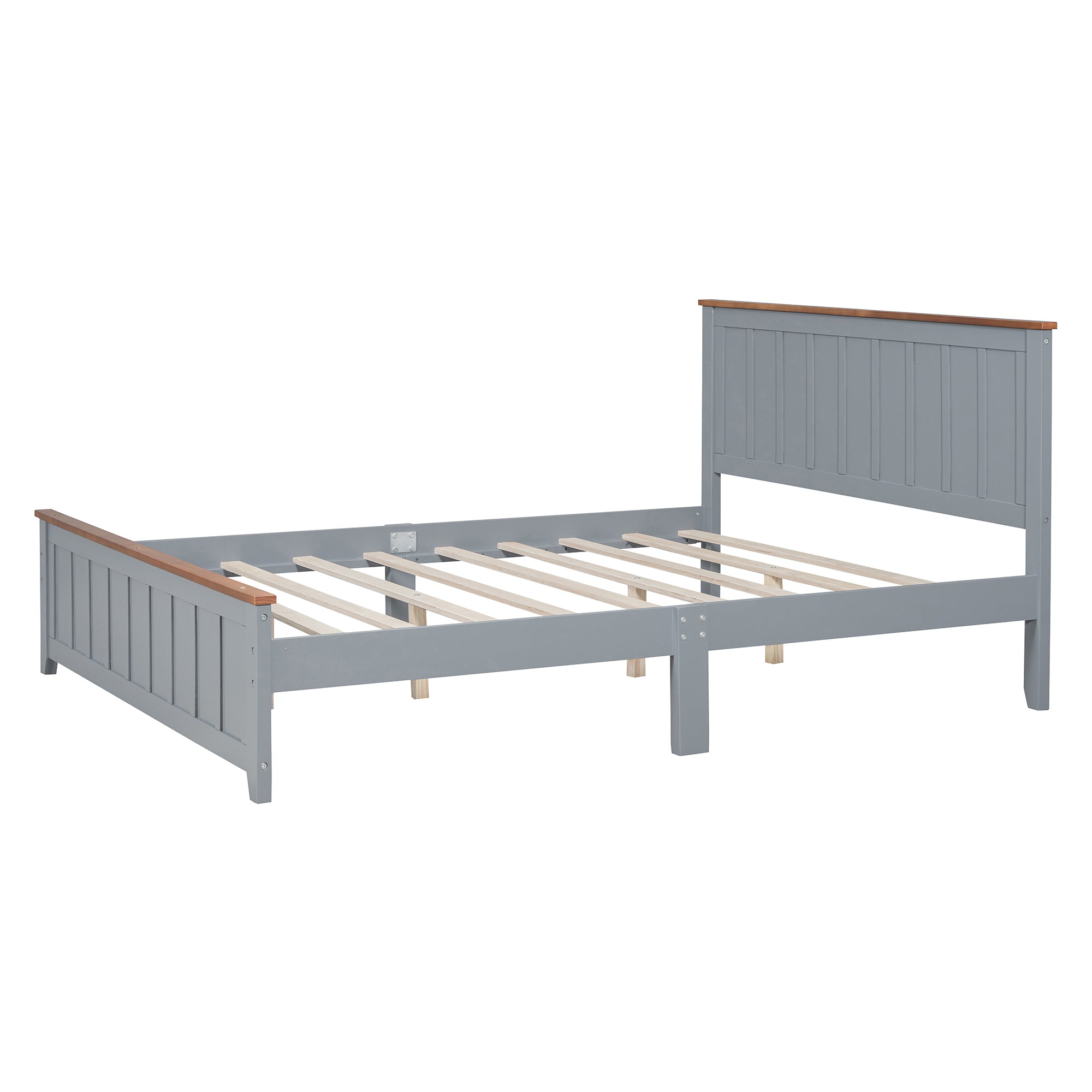 Queen Size Wood Platform Bed Wooden Slat Support, Vintage Simple Bed Frame with Rectangular Headboard and Footboard, Grey