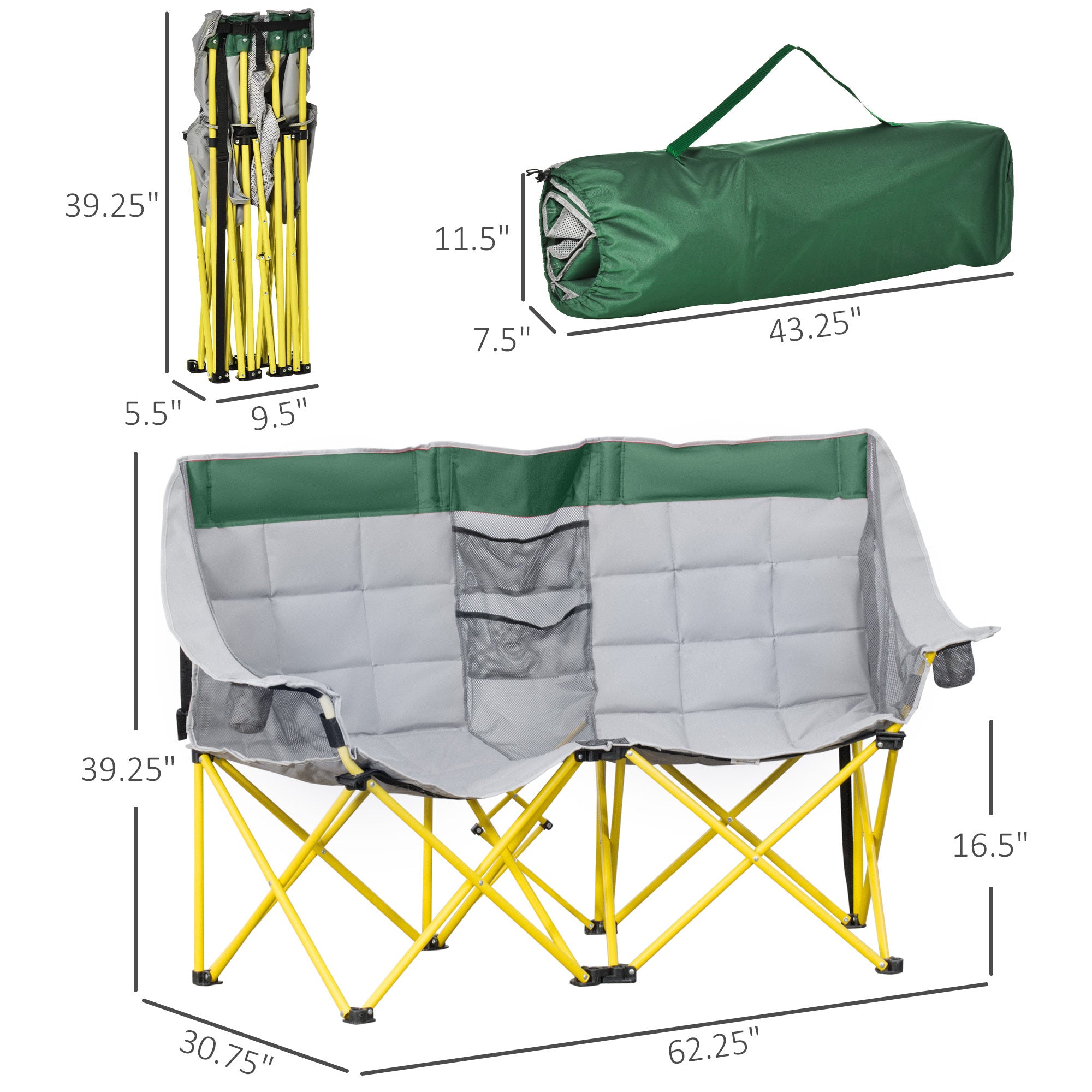 Outsunny Loveseat Style Camping Chair, Oversized Folding Lawn Chair with Carry Bag & Cup Holders, for Outdoor, Beach, Picnic, Hiking, Travel, Green & Gray