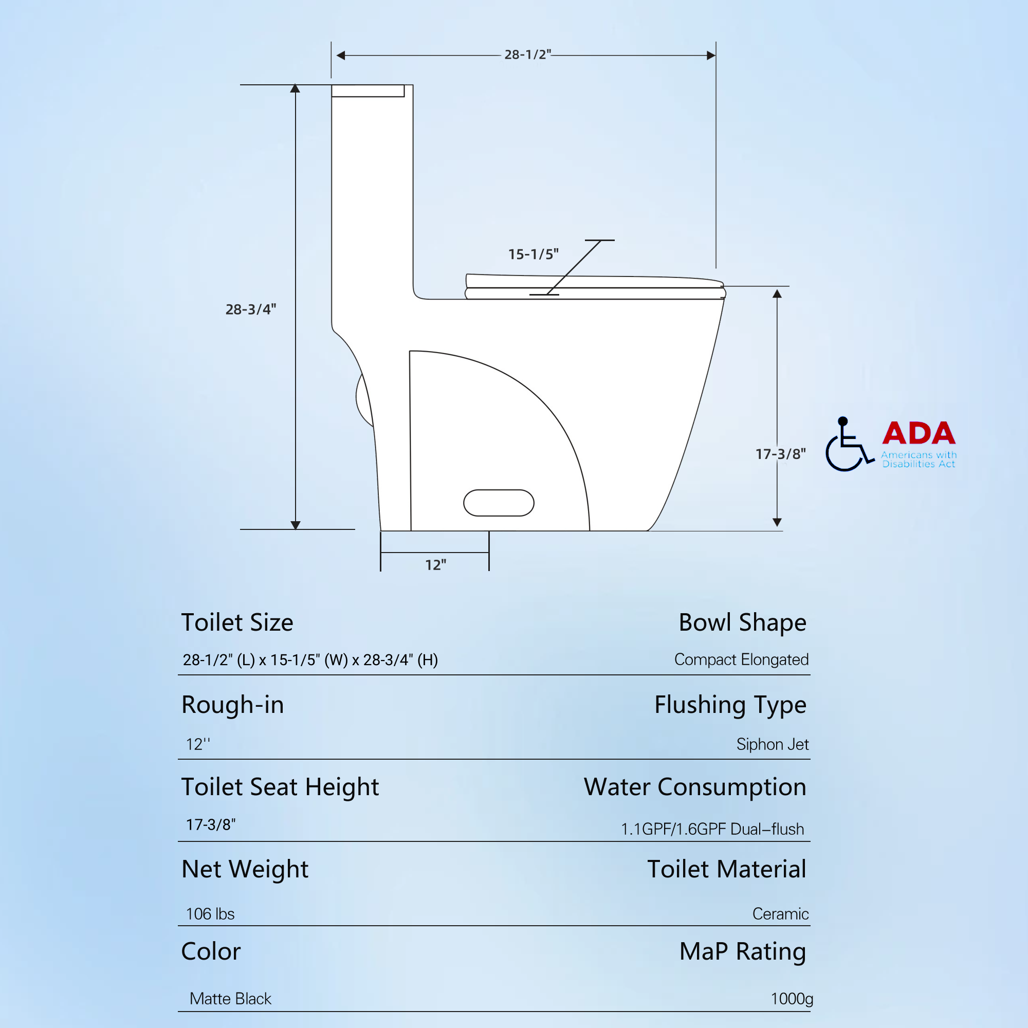 1.1/1.60 GPF Dual-Flush One Piece Toilet, Water-Saving Elongated Comfort Height Floor Mounted, Soft Closing Seat, 1000 Gram Map Flushing Score Toilet, Matte Black 23T02-MB