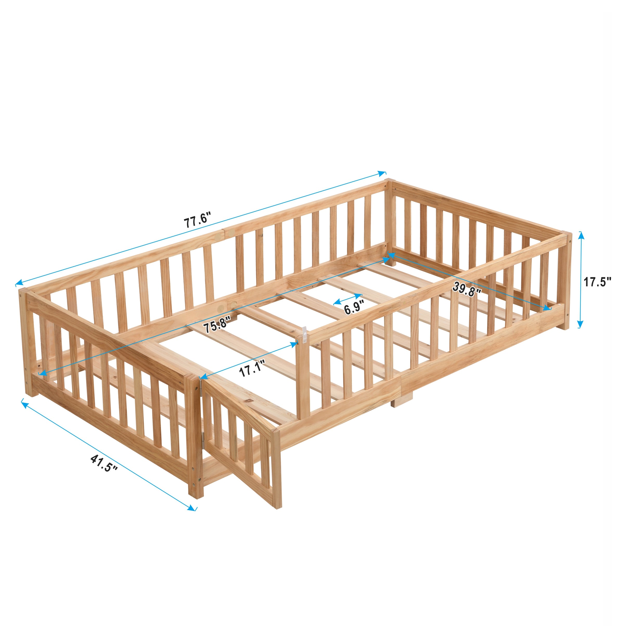 Twin Size Floor Bed with Door,Solid Wood Platform Bed Frame  with Fence,Suitable for children,Pine Wood,Natural