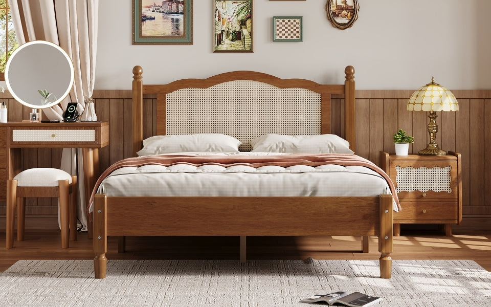 Full Size Wooden Platform Bed with Natural Rattan Headboard, Vintage Bed Frame with Wooden Slat Support, Walnut