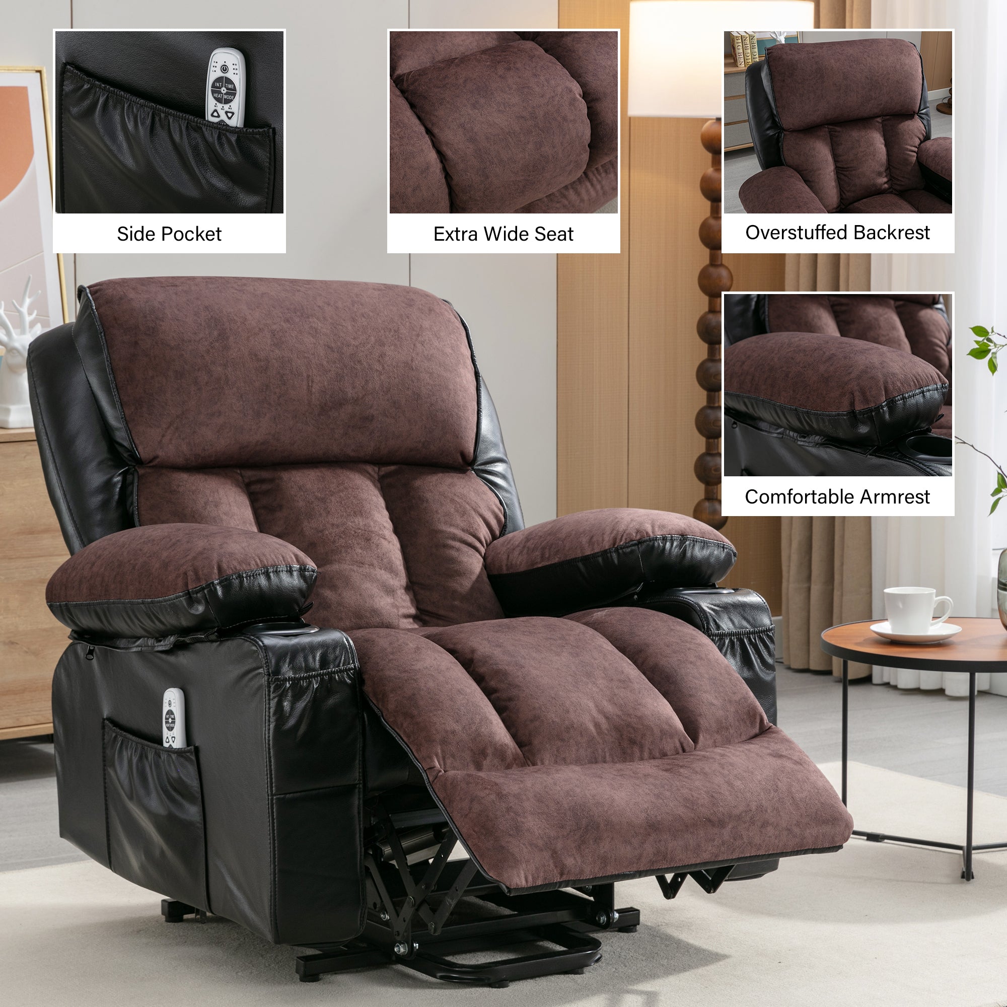 Power Electric massage lift lounge chair, suitable for the elderly, with heating and vibration functions,Fleece leather with USB, can be used for lying down. BLACK BROWN A+B box