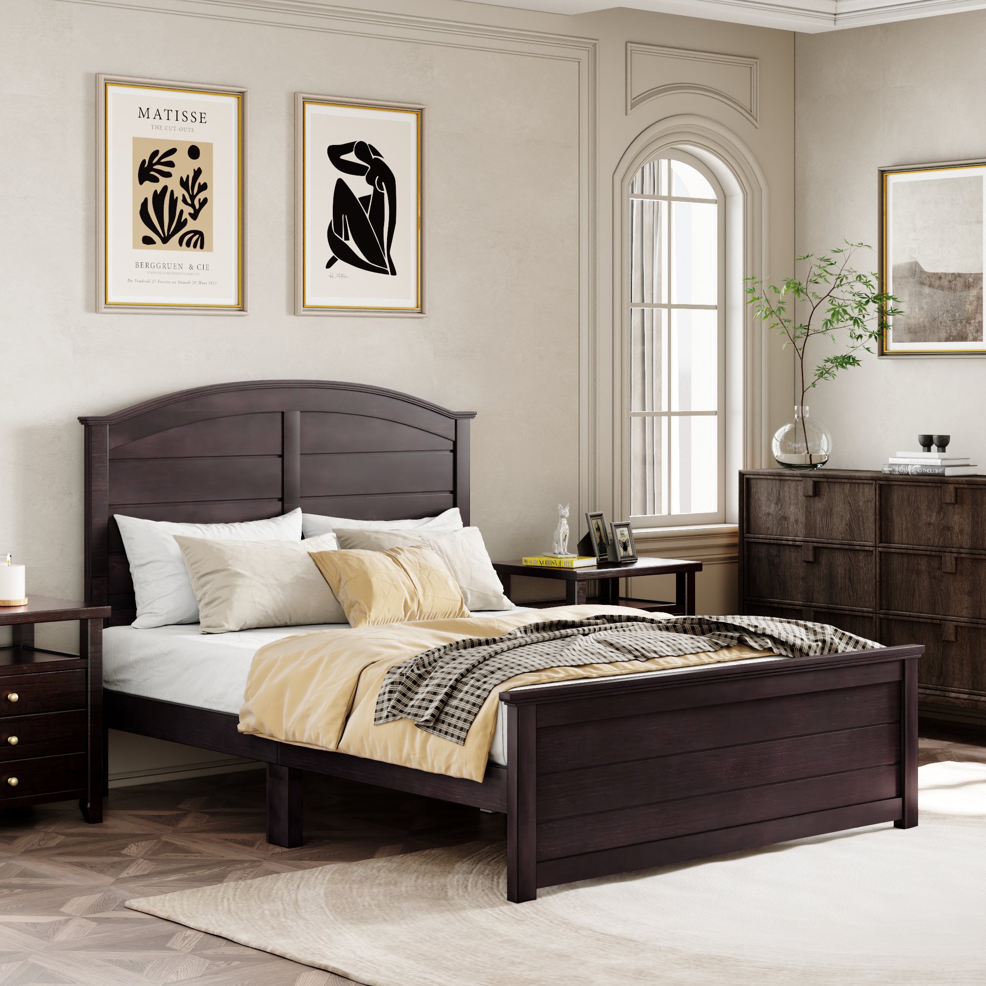 Farmhouse Wooden Platform Queen Size Bed with Curl Design Headboard and Footboard for Teenager, Espresso