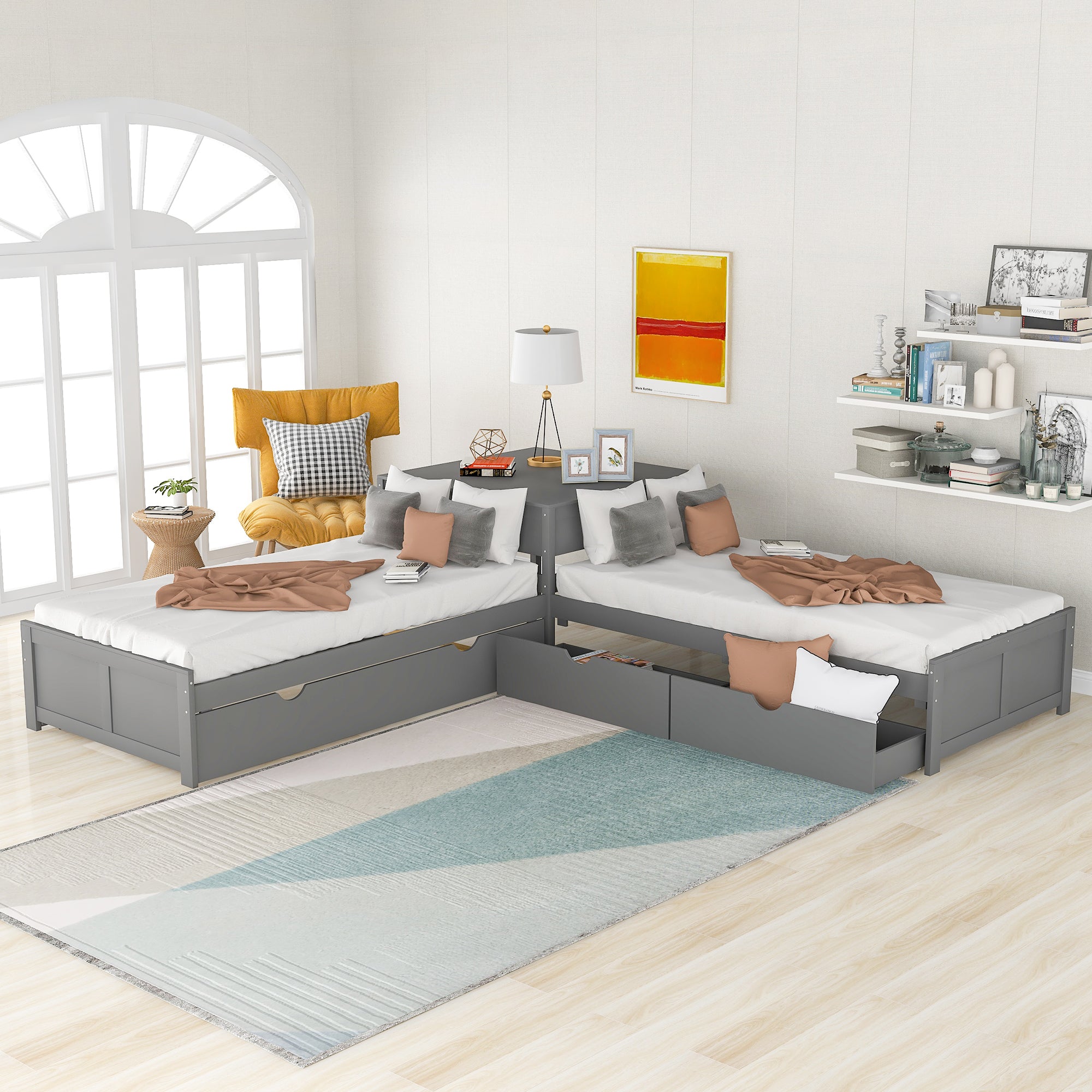 L-shaped Platform Bed with Trundle and Drawers Linked with built-in Desk,Twin,Gray(Old SKU:SM000916AAE-1)