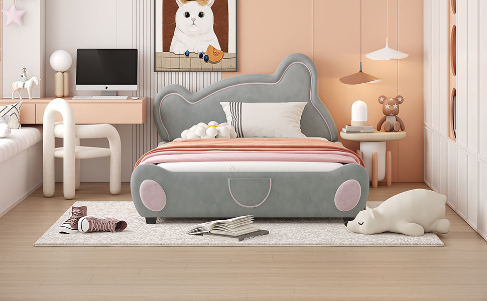 Full Size Velvet Platform Bed with Bear-Shaped Headboard, with Bed-End Storage Pocket, Gray