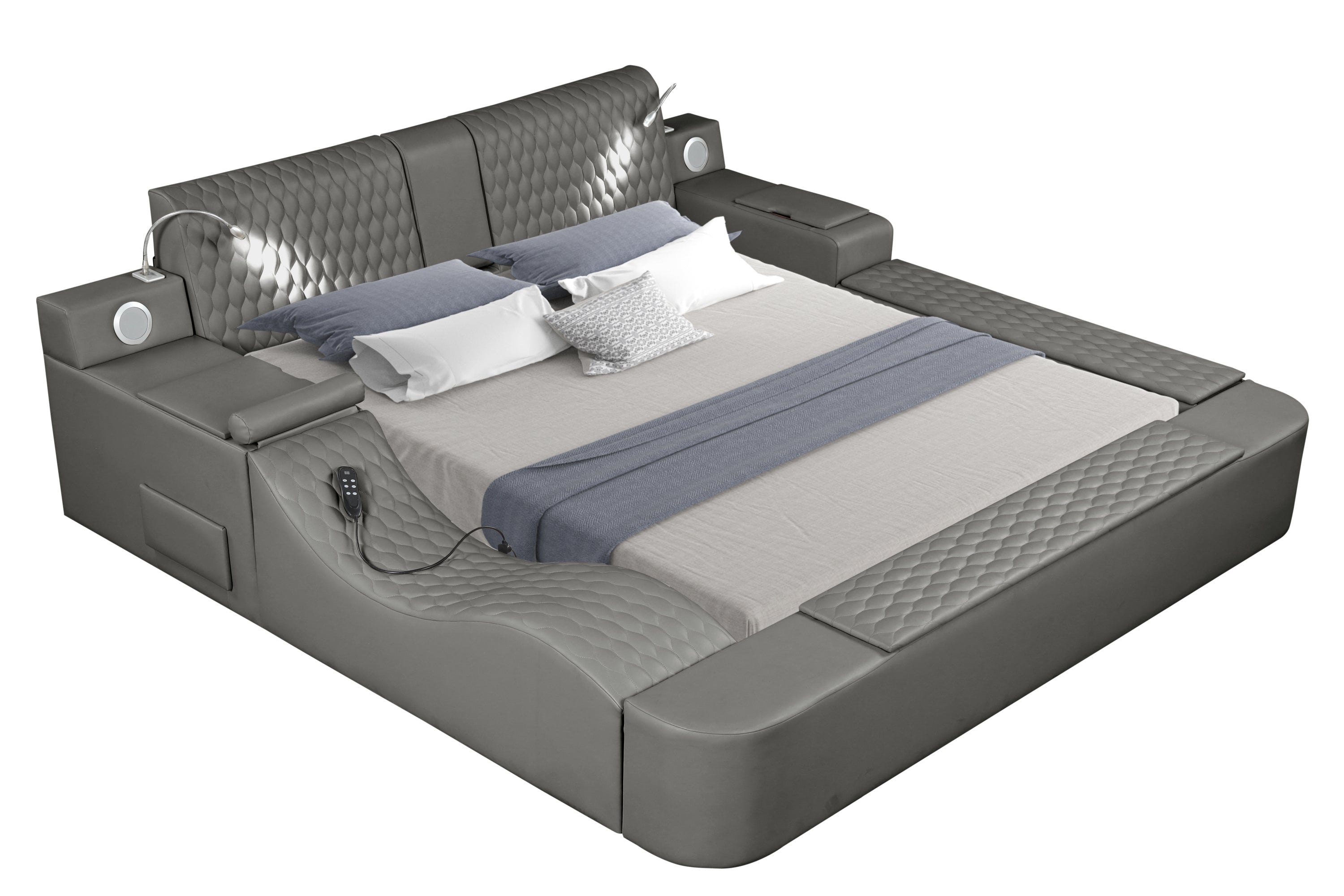 Smart Multifunctional Queen Size Bed Made with Wood in Gray