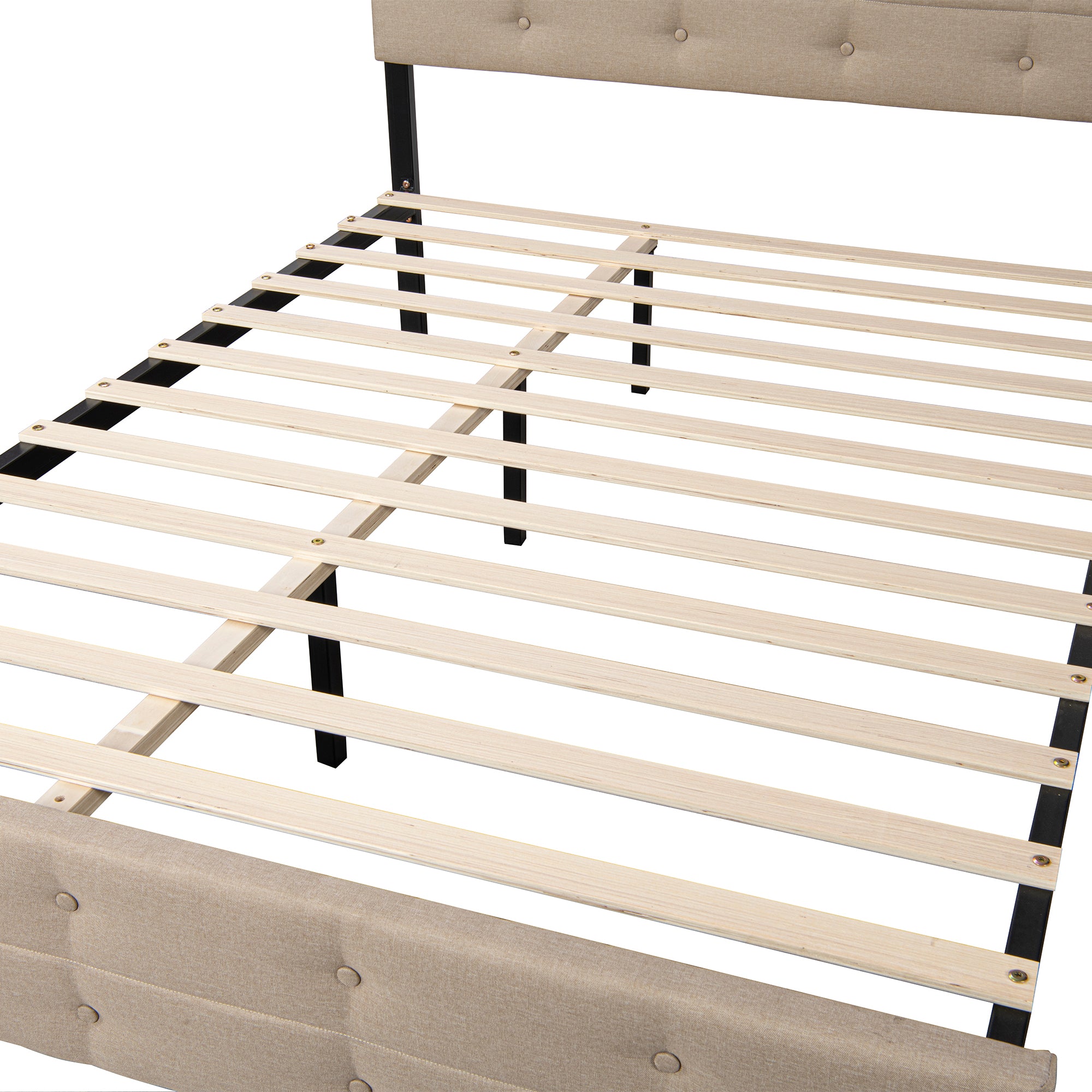 Queen Size Upholstered Platform Bed with Twin Trundle and 2 Storage Drawers Underneath, Linen Fabric with Wood Slat, for Bedroom,Light Beige