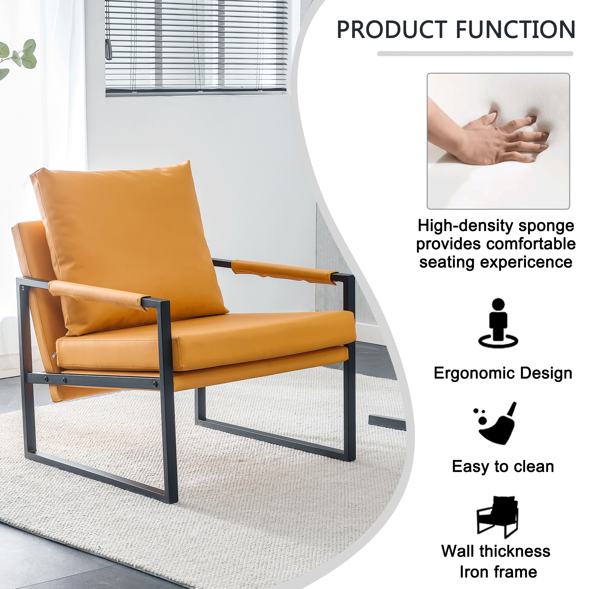 PU Leather Accent Arm Chair Mid Century Upholstered Armchair with Metal Frame Extra-Thick Padded Backrest and Seat Cushion Sofa Chairs for Living Room ( orange PU Leather + Metal Frame + Foam)SF-008