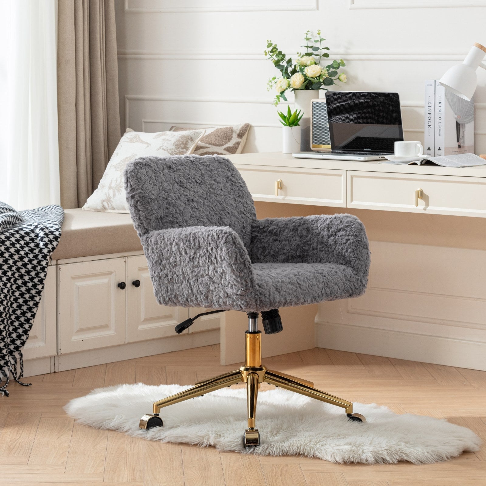 A&A Furniture Office Chair,Artificial rabbit hair Home Office Chair with Golden Metal Base,Adjustable Desk Chair Swivel Office Chair,Vanity Chair(Gray)