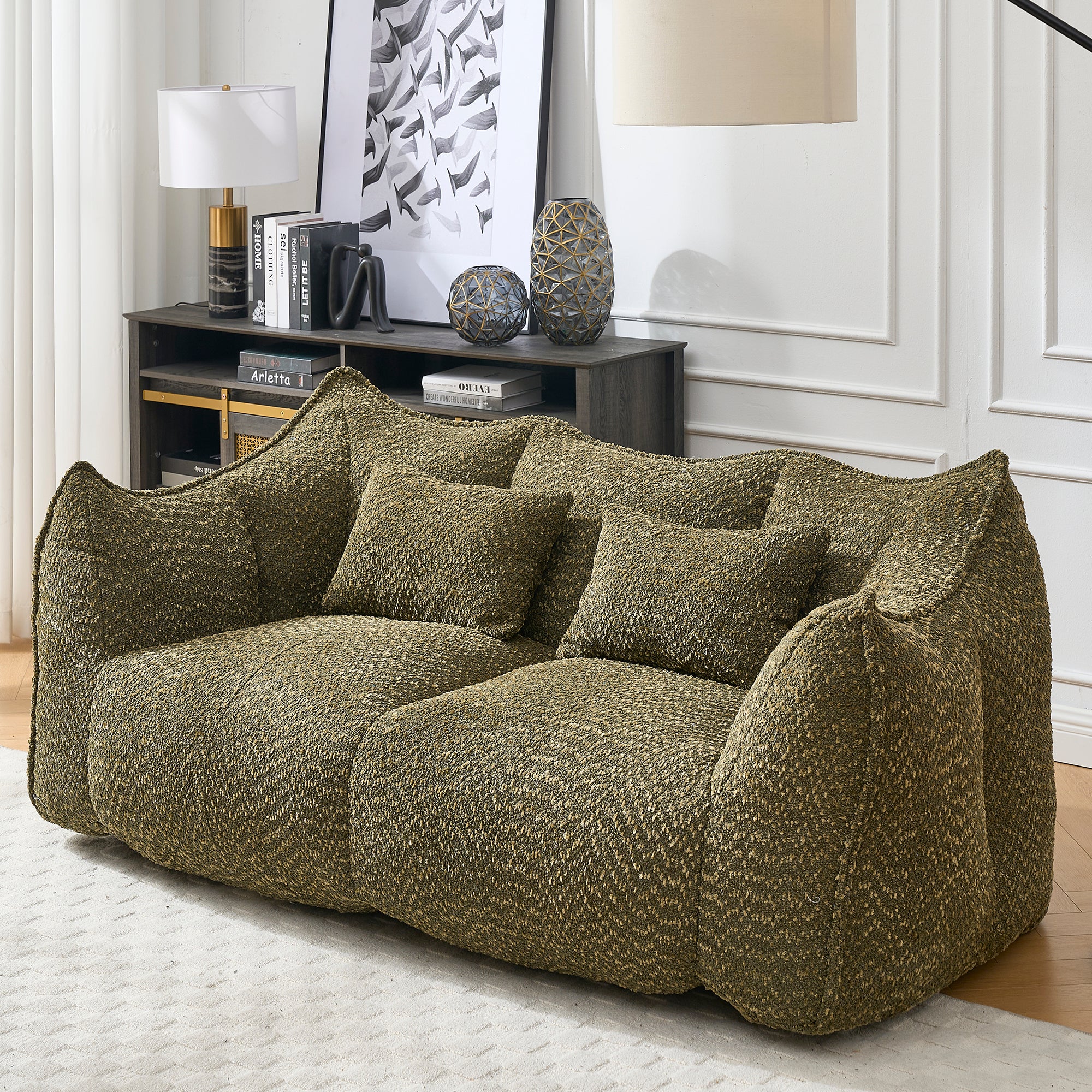 Two-person square beanbag recliner sofa, angled view