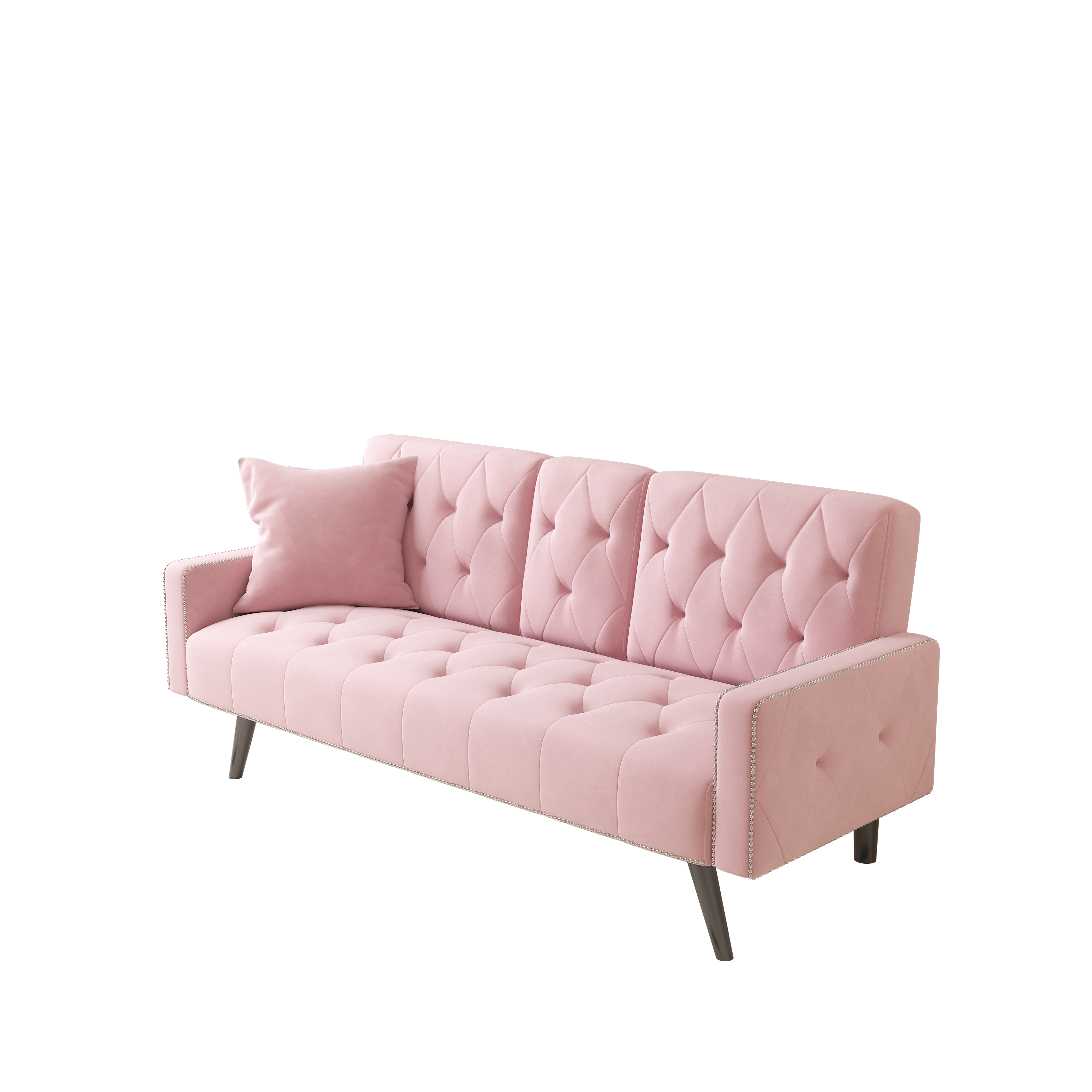 1730 Sofa Bed Armrest with Nail Head Trim with Two Cup Holders 72" Pink Velvet Sofa for Small Spaces