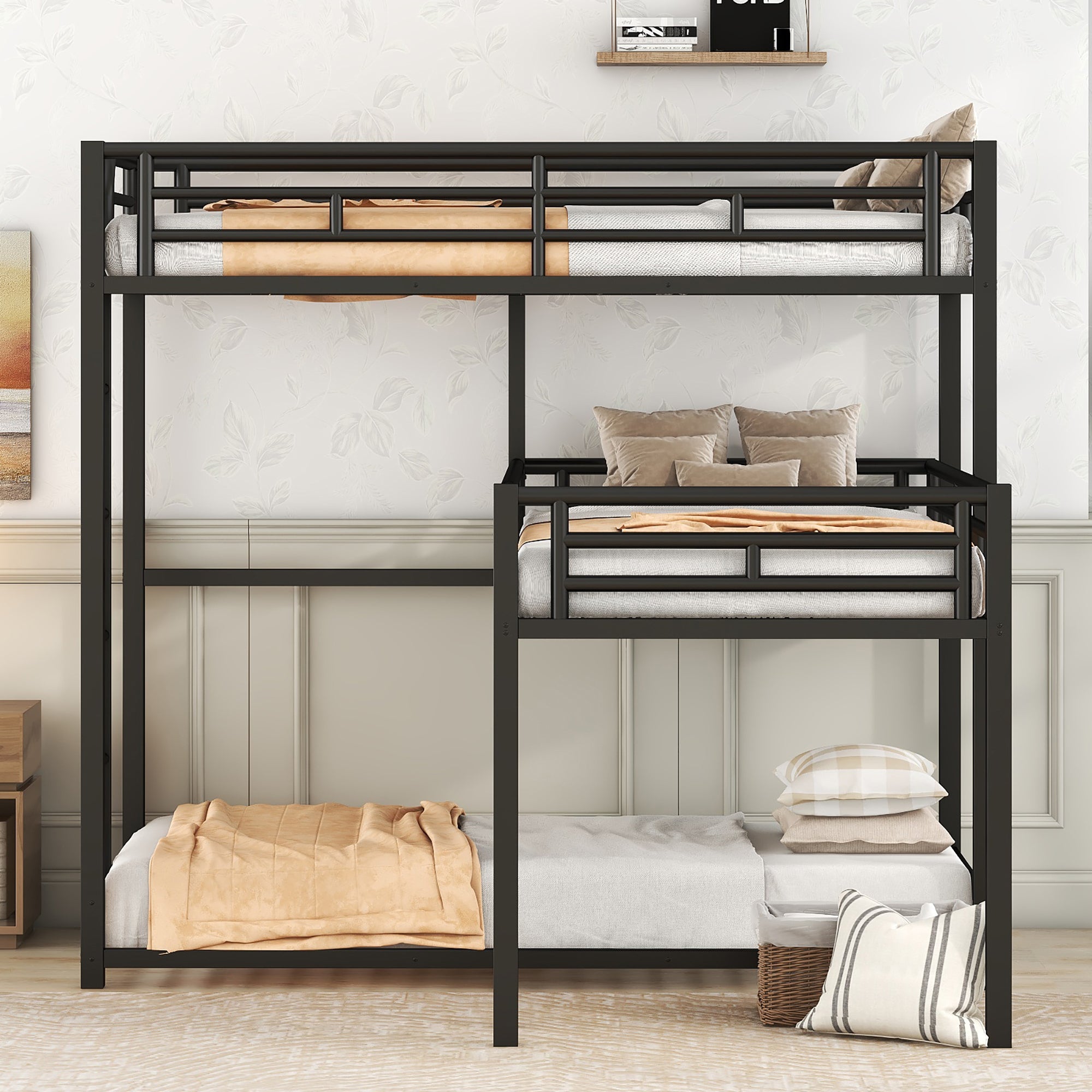 L-shaped Metal Triple Twin Size Bunk Bed, Black(OLD SKU:SM000605AAB)