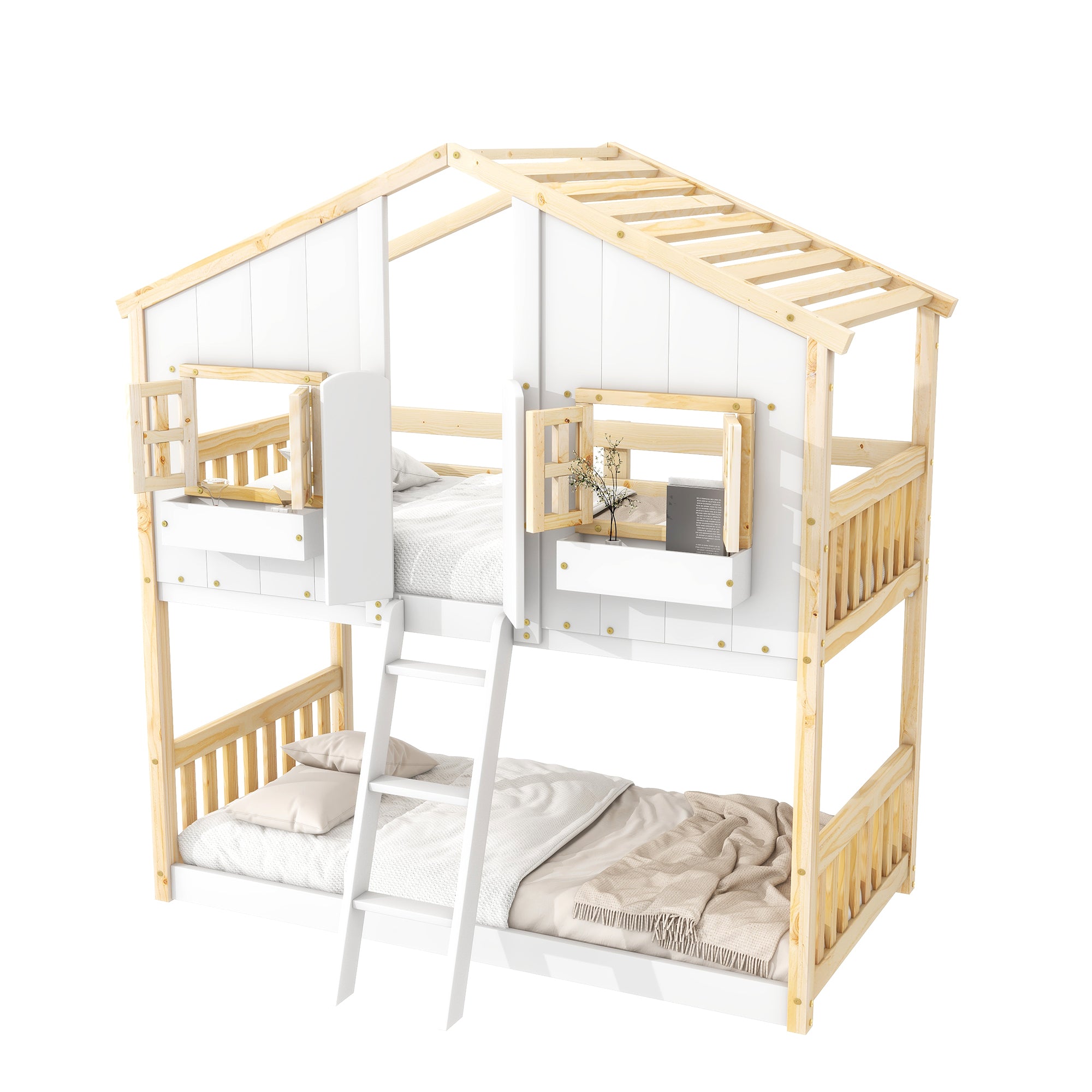 Twin over Twin House Bunk Bed with Roof , Window, Window  Box, Door , with Safety Guardrails and Ladder, Natural/White