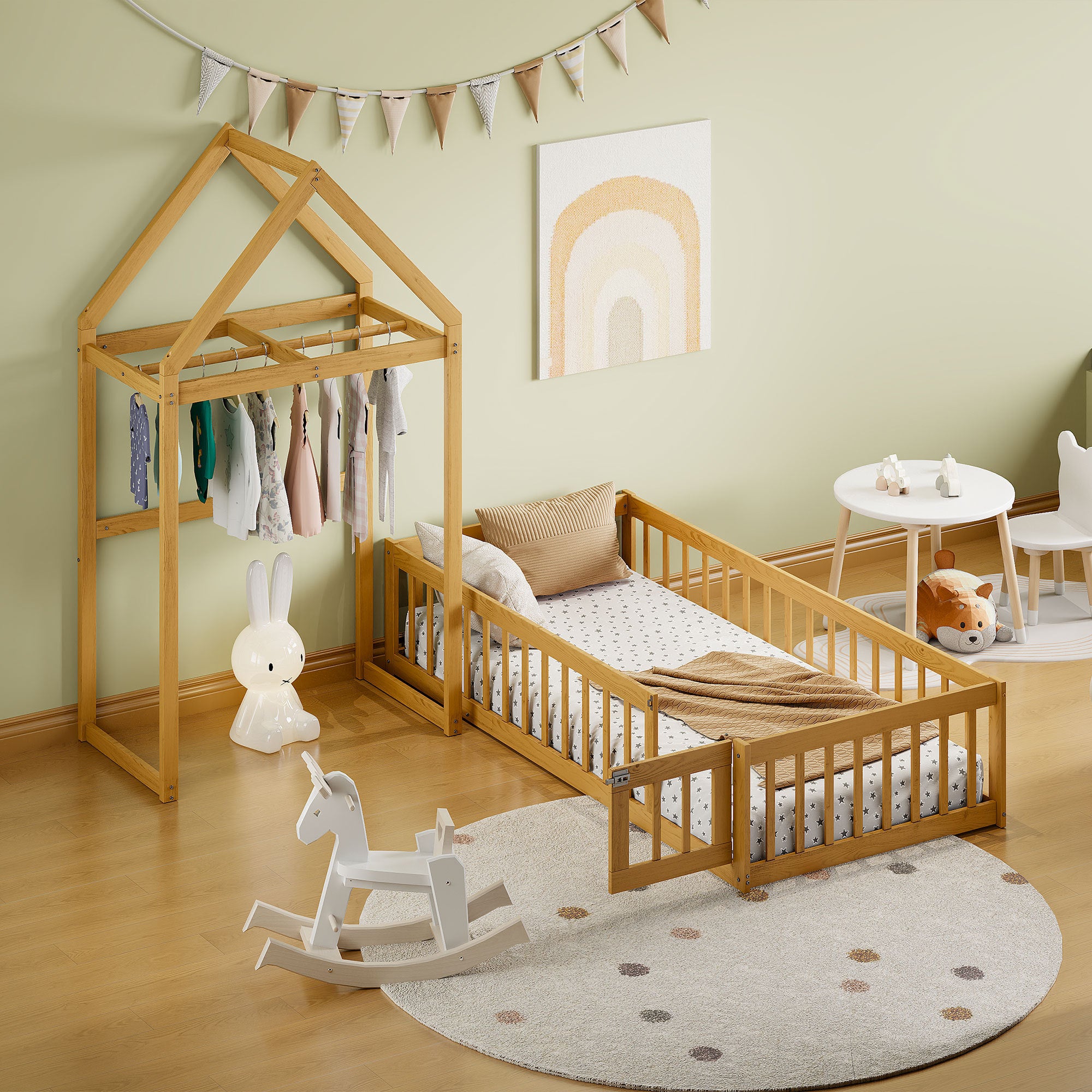 Wooden Floor Bed with Fence Railings and Detachable House Shape Headboard, Twin Size Bed with Kids Dress Up Rack, Kids Montessori Style Playhouse Frame for Girls Boys, Natural