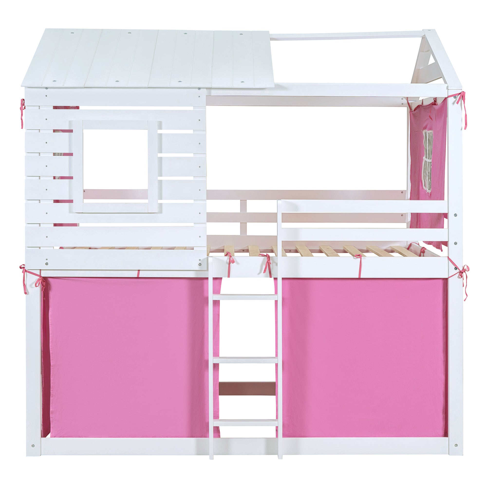 Full Size Bunk Wood House Bed with Tent, Pink+White